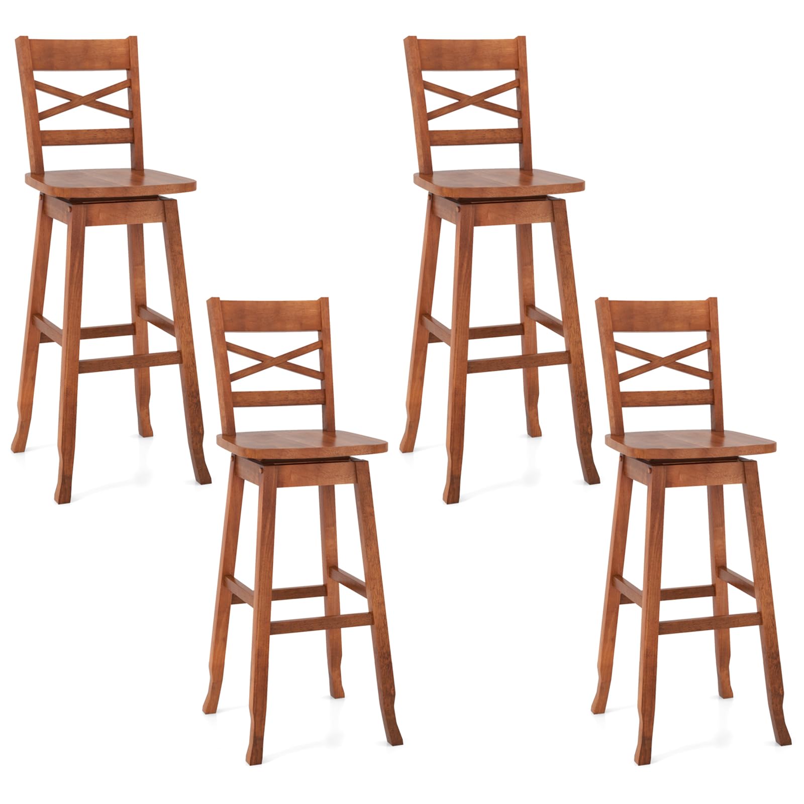 COSTWAY30-Inch Bar Height Stool Set of 4, Rubber Wood Swivel Bar Stool with Inclined Backrest, Curved Seat & Footrest, Bar Chair for Kitchen Island & Pub (4, Walnut)