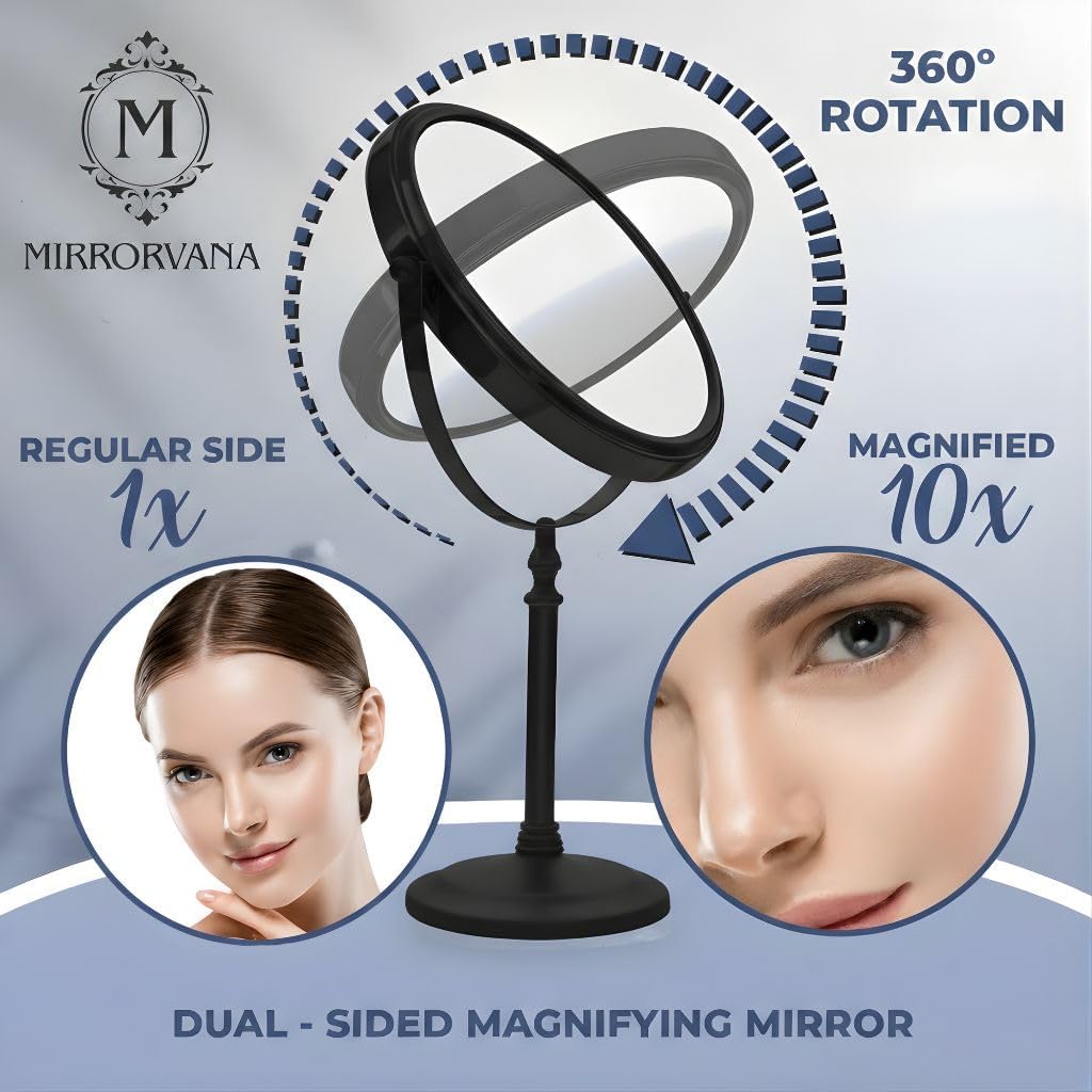 MIRRORVANA Large Double Sided 10X and 1X Magnifying Makeup Mirror with Stand in Gift Box, 15” Tall and 8” Wide (Black)