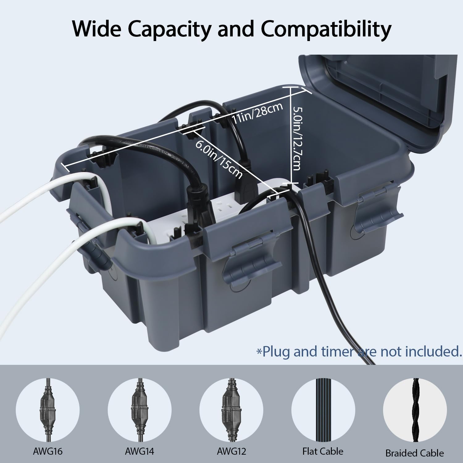 LeMotech Boîte électrique d'extérieur étanche IP55 avec poignée, couvercle de cordon d'extension avec 8 joints de câble, pour prise, minuterie, prise, multiprise, multiprise, gris