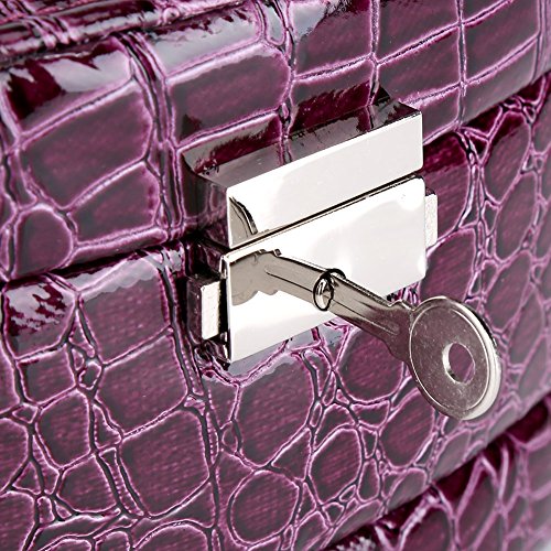 BAOFUYA Scatola Portagioielli con Specchio Dorato, Organizer in Pelle PU Nera, 3 Strati per Orecchini, Collane, Regali per Donna (PURPLE)