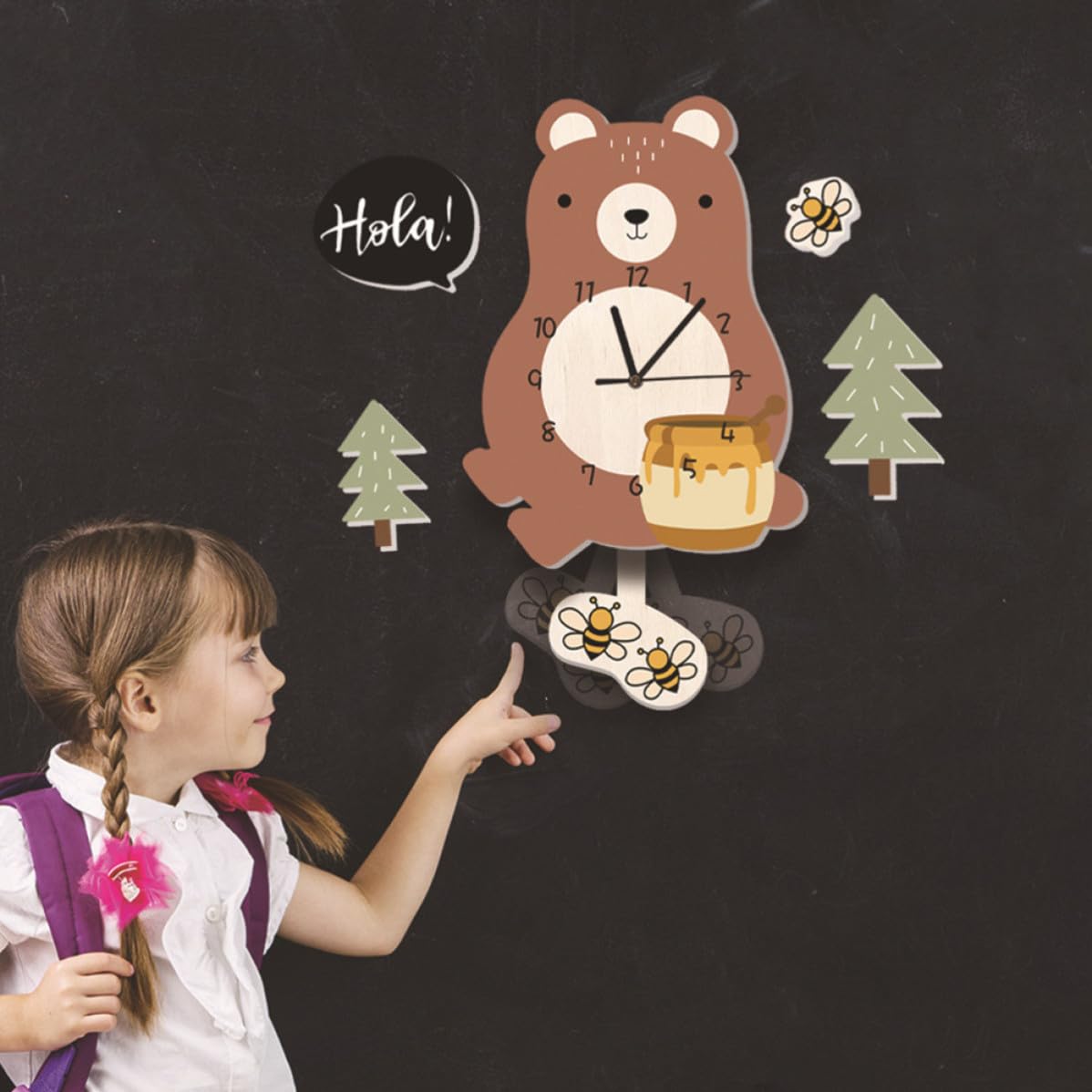 DOITOOL 1pieza Reloj Colgante Silencioso para Habitación Infantil con Diseño de Oso Cartoon Reloj de Pared para Niña Nursery y Aula Decoración Moderna y Ecológica