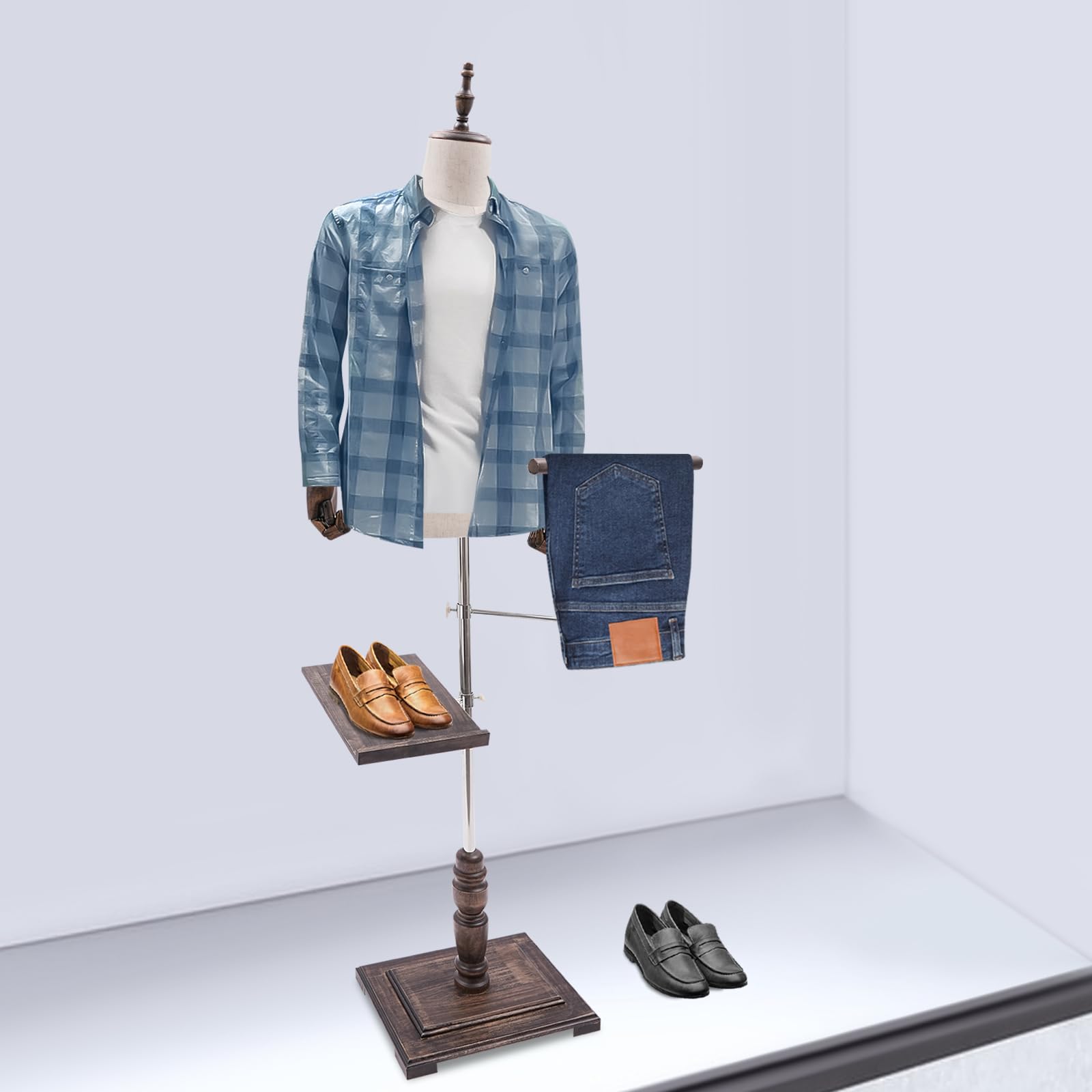 Maniquí masculino de altura ajustable, maniquí de costura, busto para hombres, con soporte para pantalones y soporte para zapatos para exhibir y coser (blanco)