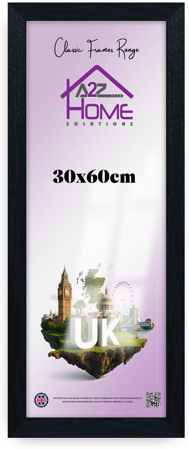 A2Z Home Solutions Panoramic Black 30x60 cm Solid MDF Flat Poster Frame – Premium Textures with HD Perspex, Metal Clips Ideal for Home, Office, Gallery, or Studio Display -(Black)
