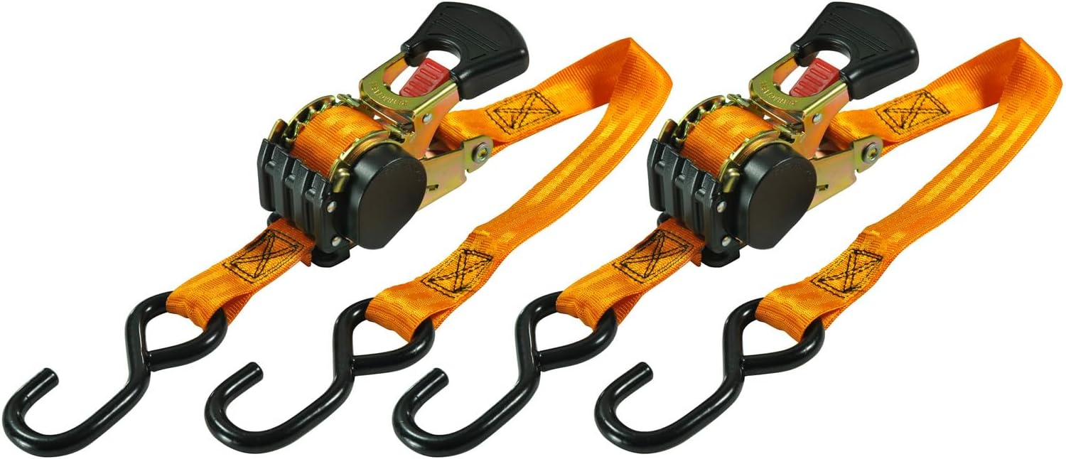 Keeper – 1” x 6' Retractable Ratchet Tie-Down with S Hooks, 2 Pack - 500 lbs. Working Load Limit