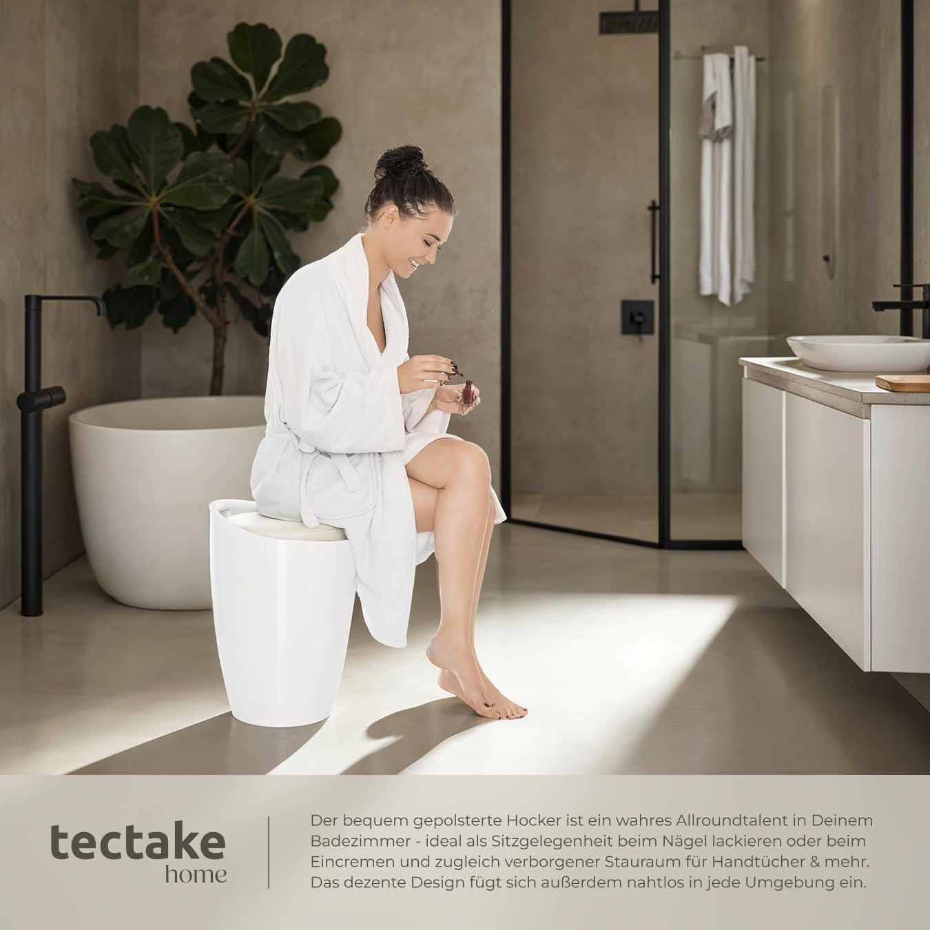 tectake® Sitzhocker, Badhocker, Hocker mit Stauraum und Sitzkissen, als Badezimmer Deko und Wäschekorb mit Deckel, Möbel für Dusche, Badezimmer, Hocker Schminktisch, Wäschekorb schmal, rund - weiß