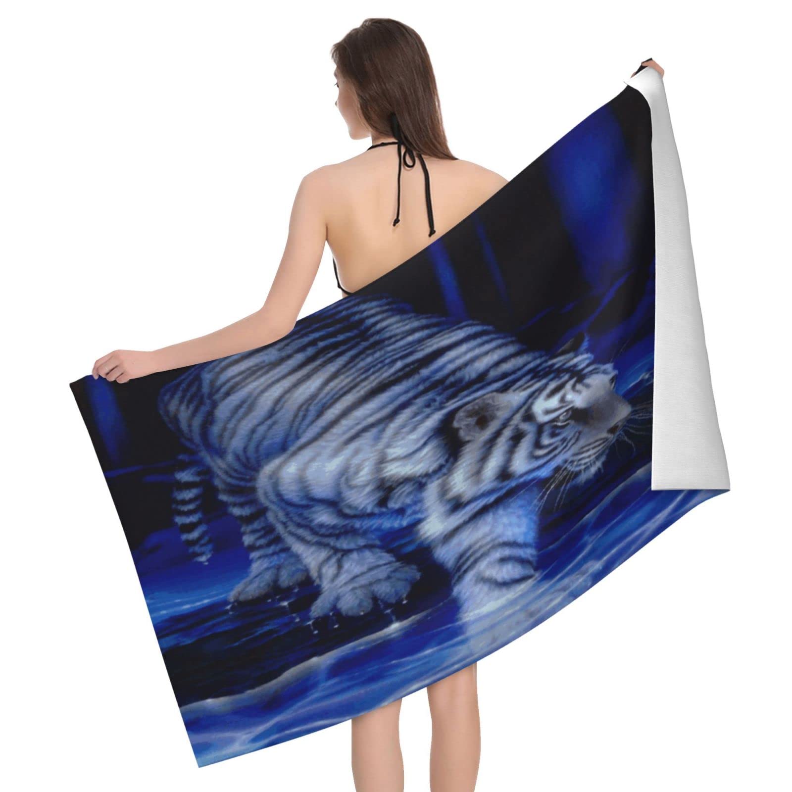 Lawenp Tiger Beach Towel, Lightweight Sand Free Quick Dry Microfiber Absorbent Bath Towel for Kids, Adults, Swimming, Bath, Yoga, Pool, Travel, Camping 32"X52"