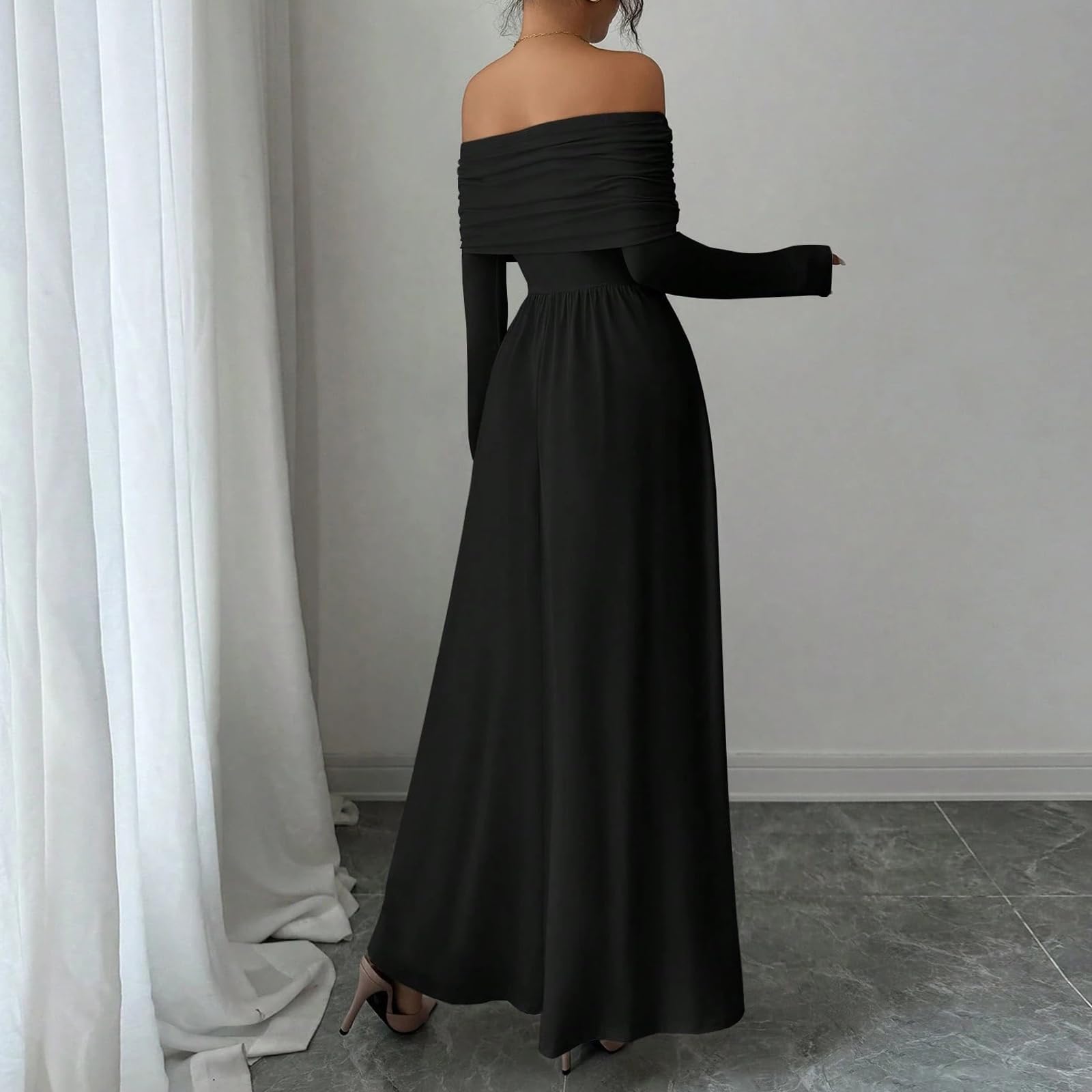 Kleid Damen Elegant Schulterfrei Langarm Festlich Abendkleid Damen Lang A Linie Hochzeit Frühlingskleid Maxi Kleider Hochzeitsgast Cocktailkleid Plissee Partykleid Tailliert Lange Ballkleider