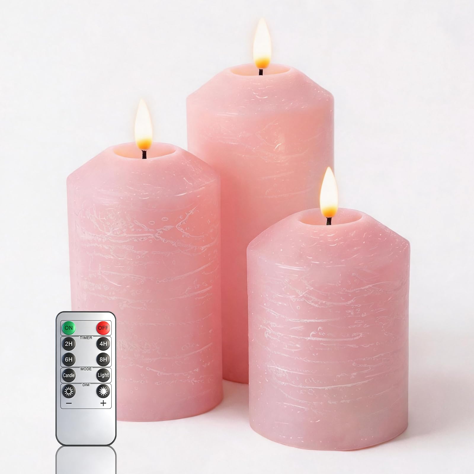 KiimLaa Pink Flameless Candles Flickering 3 Pack, Real Wax Marble Pattern Pillar Electric Candle with Remote Control and Timer, Battery Operated Candle for Festival, Wedding, Home Decor