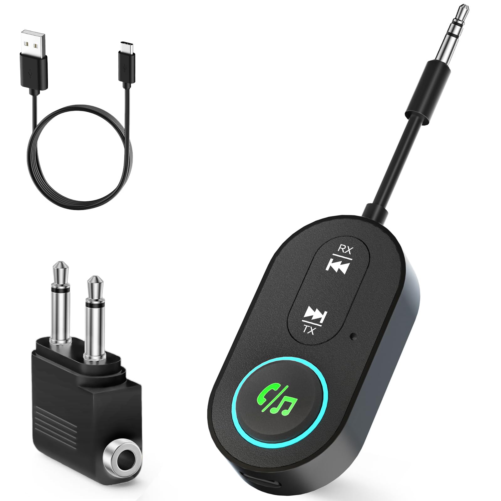 Receptor transmisor Bluetooth 5.3, conector dual para aviones, micrófono para llamadas, adaptador auxiliar 2 en 1 Bluetooth para auriculares, altavoz y coche