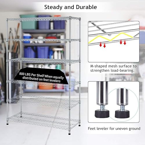 Miniatura 6 de Estantería de alambre resistente de 6 niveles, capacidad de 4800 libras, estante de metal certificado NSF con ruedas, organizador de almacenamiento