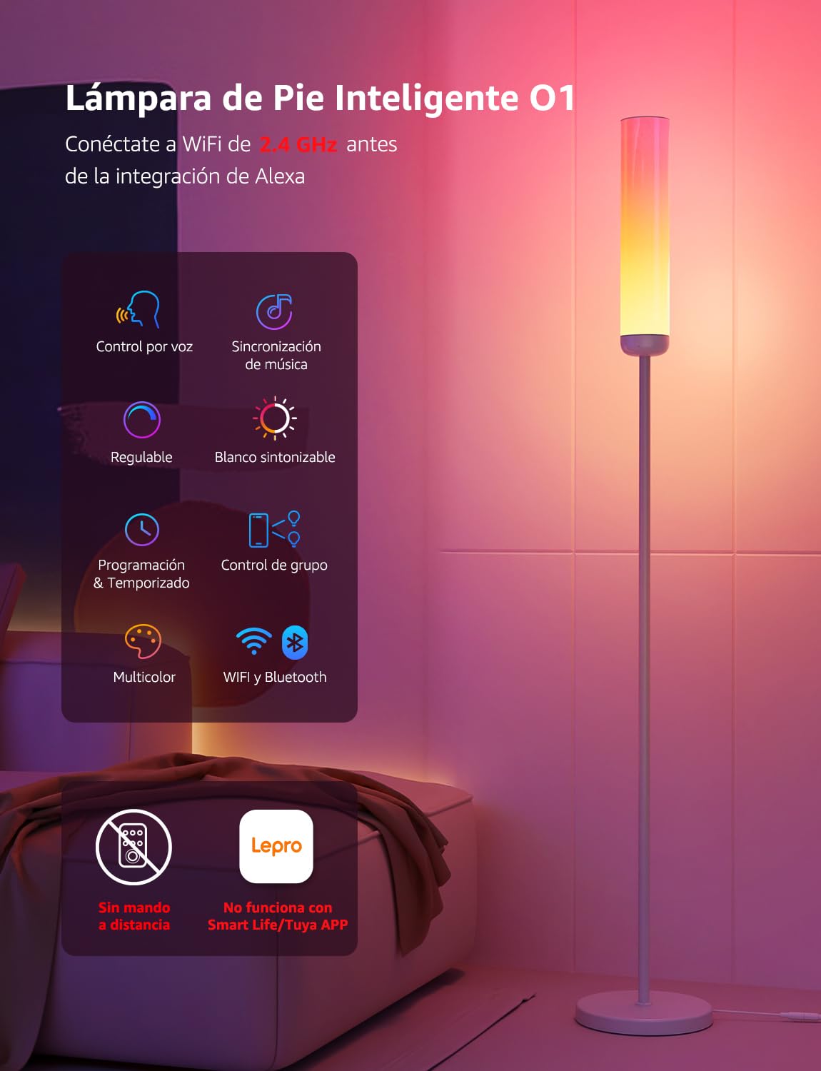 Lepro O1 AI Lámpara de Pie LED, Lámpara de Pie WiFi, Luz Blanca 1800LM, Sincronización Música, Fonciona con Alexa/Google Home, RGB + CCT, Diseñador de Iluminación AI Personalizado para Sala, Leer, TV