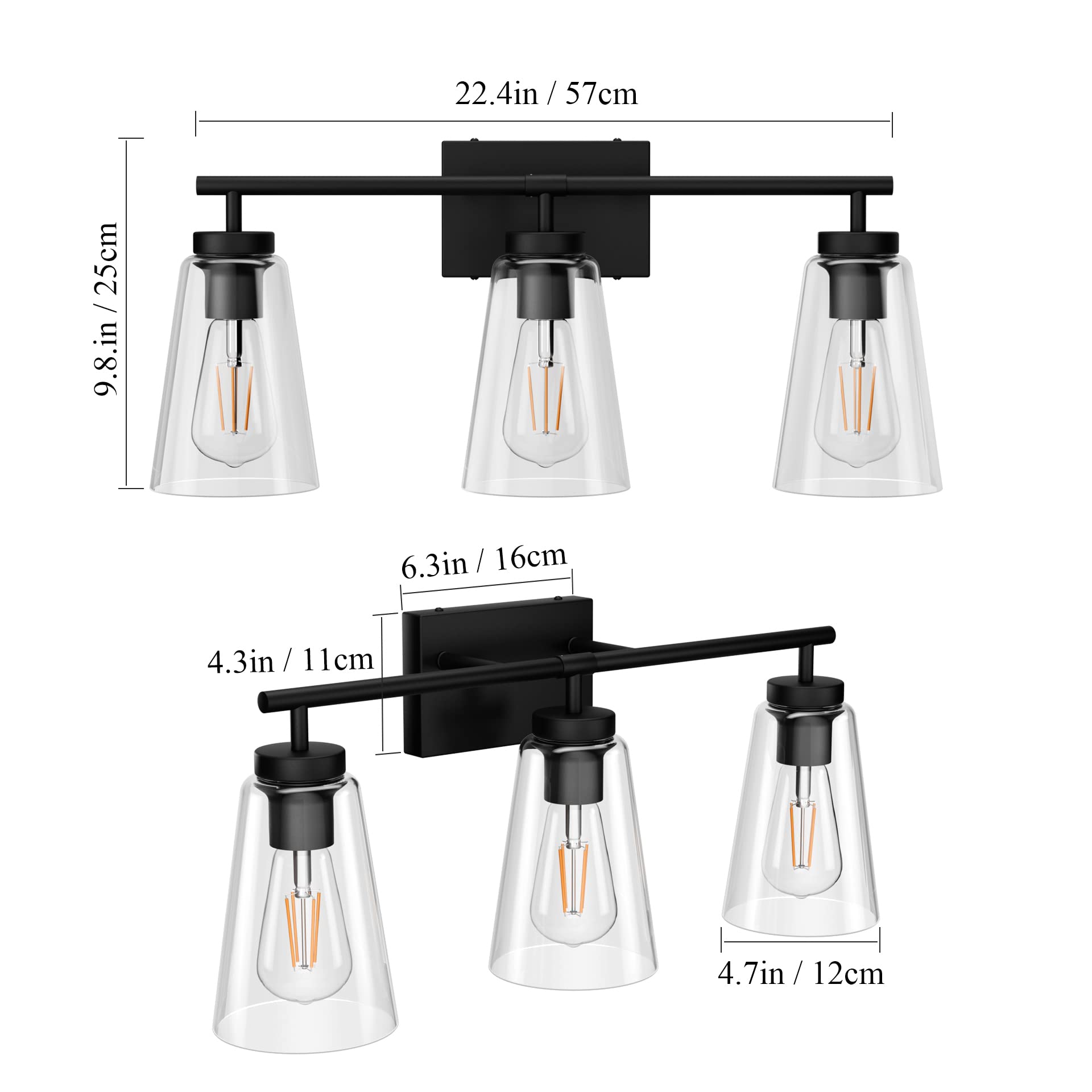 Aipsun 3-Light Black Farmhouse Vanity Light - Bathroom Wall Sconce With Clear Glass Shades - View #4