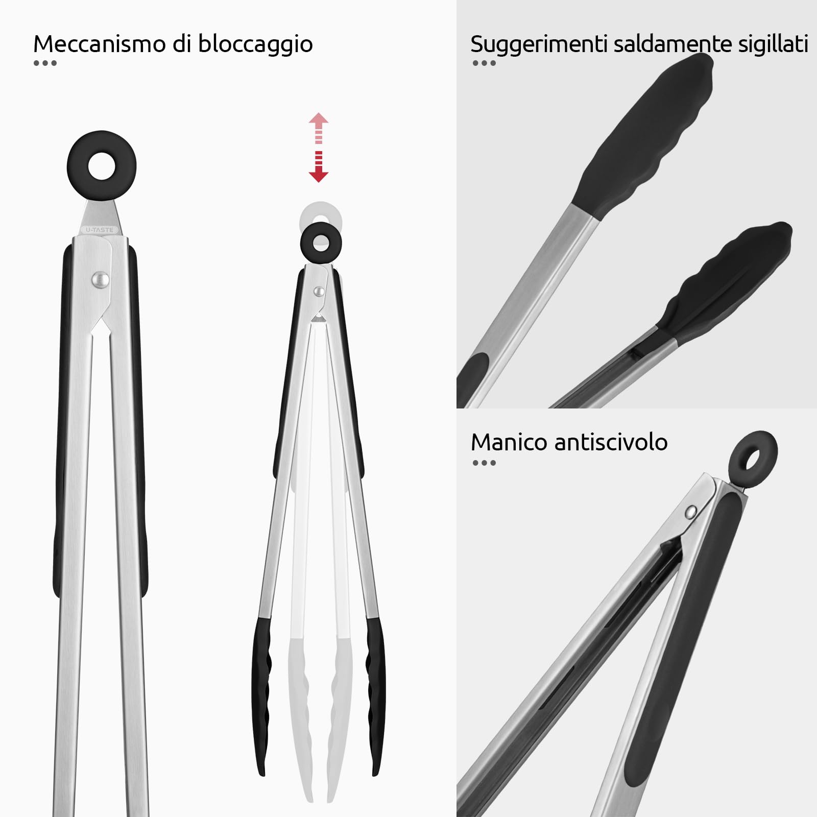 U-Taste Set di 3 Pinze Cucina, Pinze da Cucina in Acciaio Inossidabile 18cm, 23cm e 30cm con Spazzole in Silicone Antiaderente e Resistente al Calore 250°C per Uso Alimentare.(Nero)
