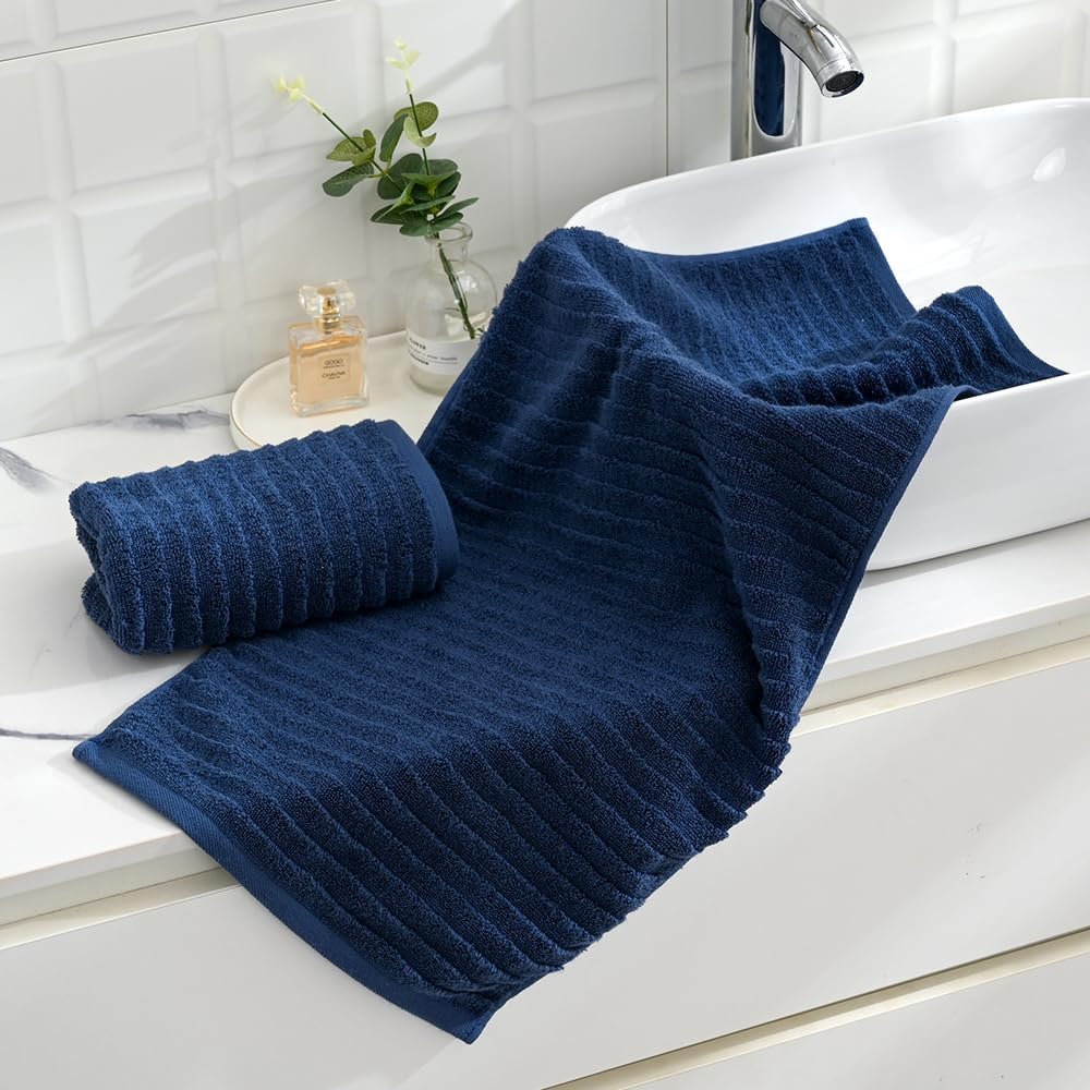 sense gnosis Navy Hand Towel Set of 2 Soft Stereoscopic Ladder Striped Design 100% Cotton Absorbent Luxury Decorative Towel for Bathroom 13 x 29 Inch