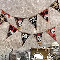 Cheerland Halloween Pirate Party Decoration Pirate Banner for Birthday Party Vintage Fabric Triangle Pennant Bunting Decor for Seven Seas Themed Boys Summerween Costume Supplies Jolly Roger Ship Flag