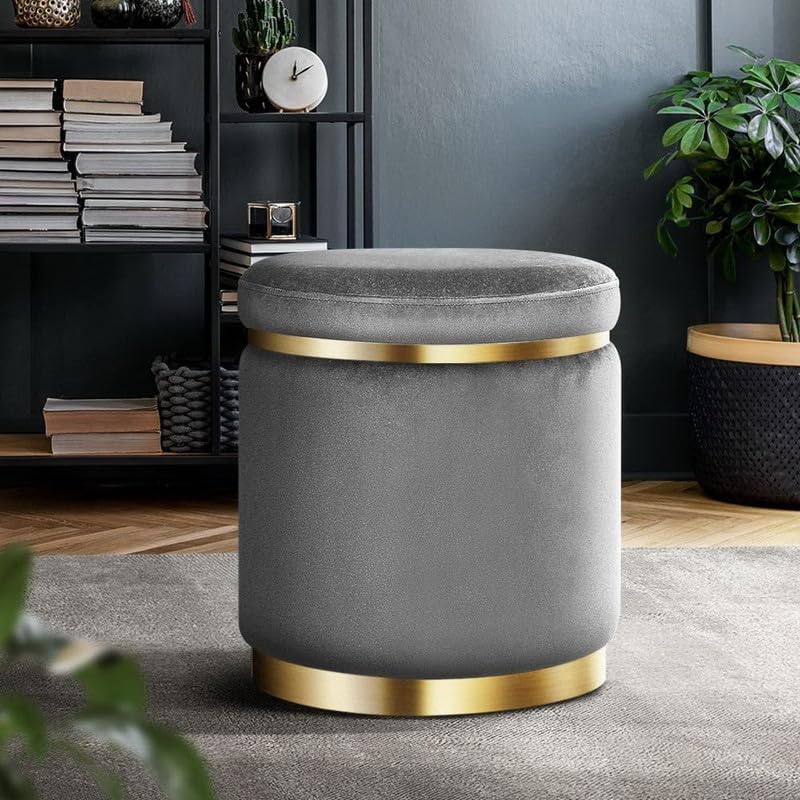 WOODEN WORLD Decorative Ottoman Stool with Golden Patti Accent – Soft Padded Seat – Without Storage – Modern Interior Décor|Color Grey|Warranty 2 Year|-image-7