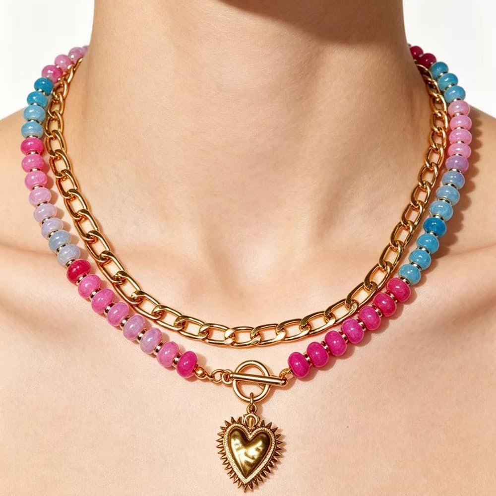 Chunky Layered Necklaces for Women, Cute Heart Pendant Colorful glass Beaded Choker Trendy Anti-Tangle Single Clasp Design Summer Vacation Beach Festival Casual Jewelry Gifts