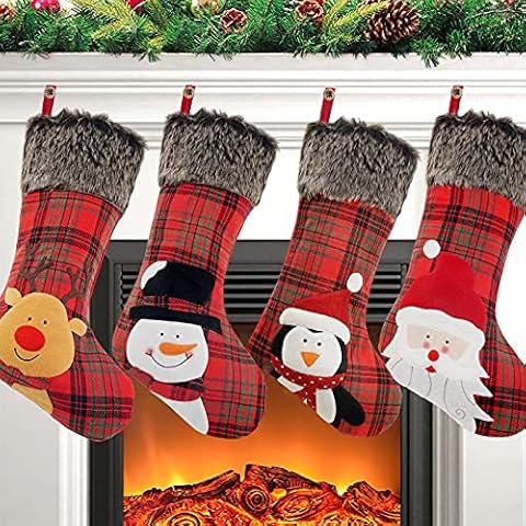 COOLWUFAN Christmas Stocking, 4 Pack 18'' Xmas Stockings wiht Snowflake Santa Snowman Reindeer and Plush Faux Fur Cuff Family Pack Stockings for Xmas Holiday Family Party Decorations Cover