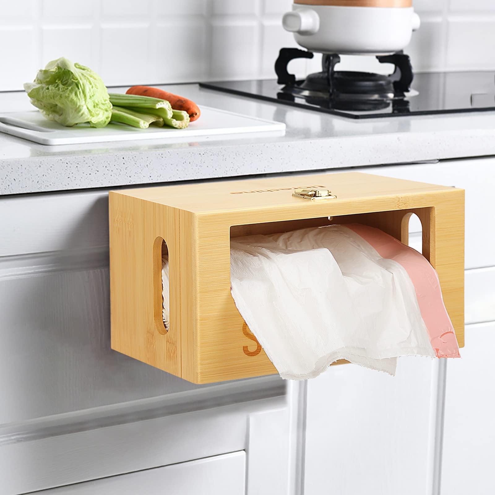 Libreshine Large Trash Bag Holder for Plastic Bags, Garbage Bag Dispenser Roll Holder Under Sink, Bamboo Wall Mounted Kitchen Trash Bag Organizer