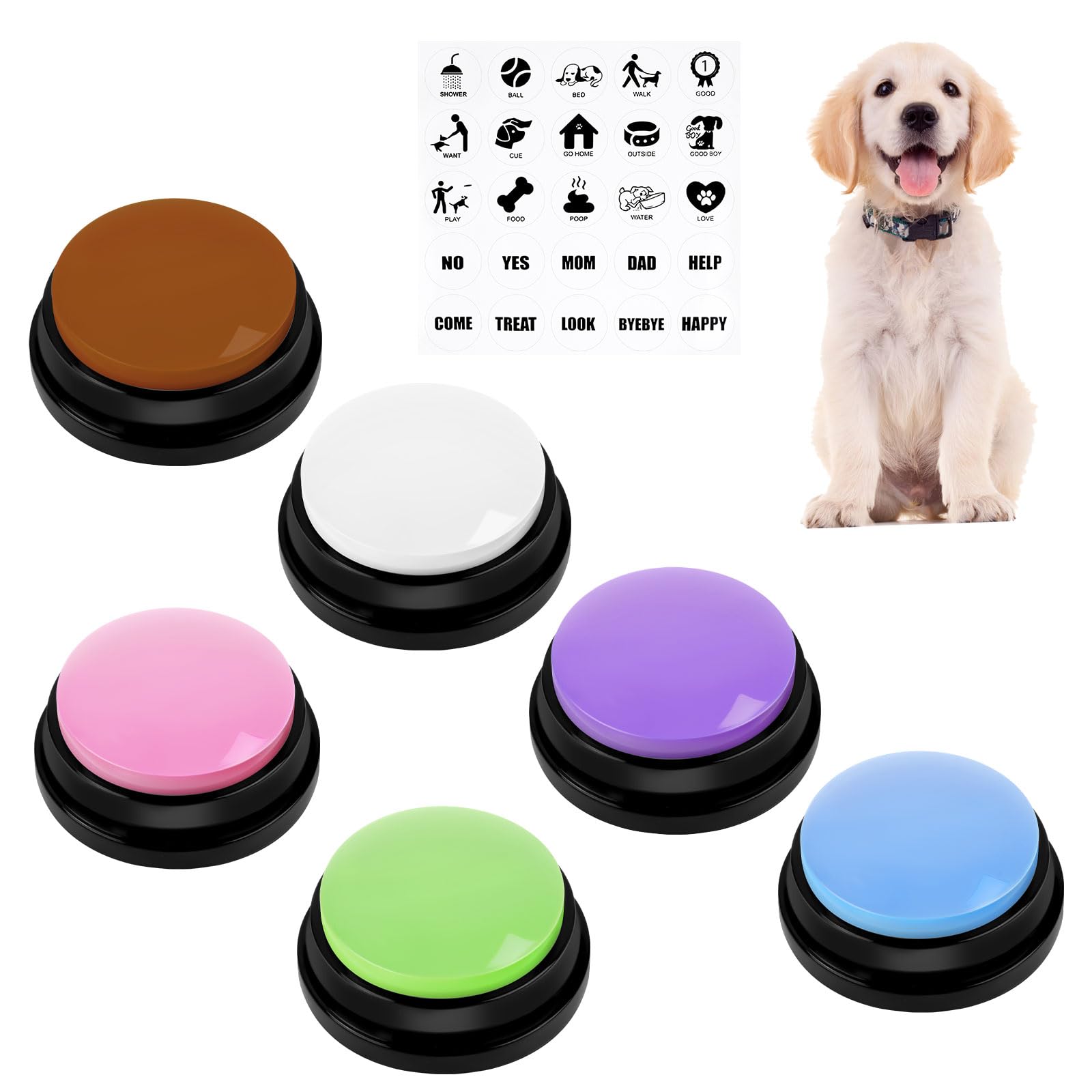 vsshe Dog Buttons Talk Training 6 PCS, Dog Buttons for Communication, 30 Seconds Recording, Pet Training Answer Buzzerr with Stickers, Voice Recording Button, Funny Gift for School Study Office Home