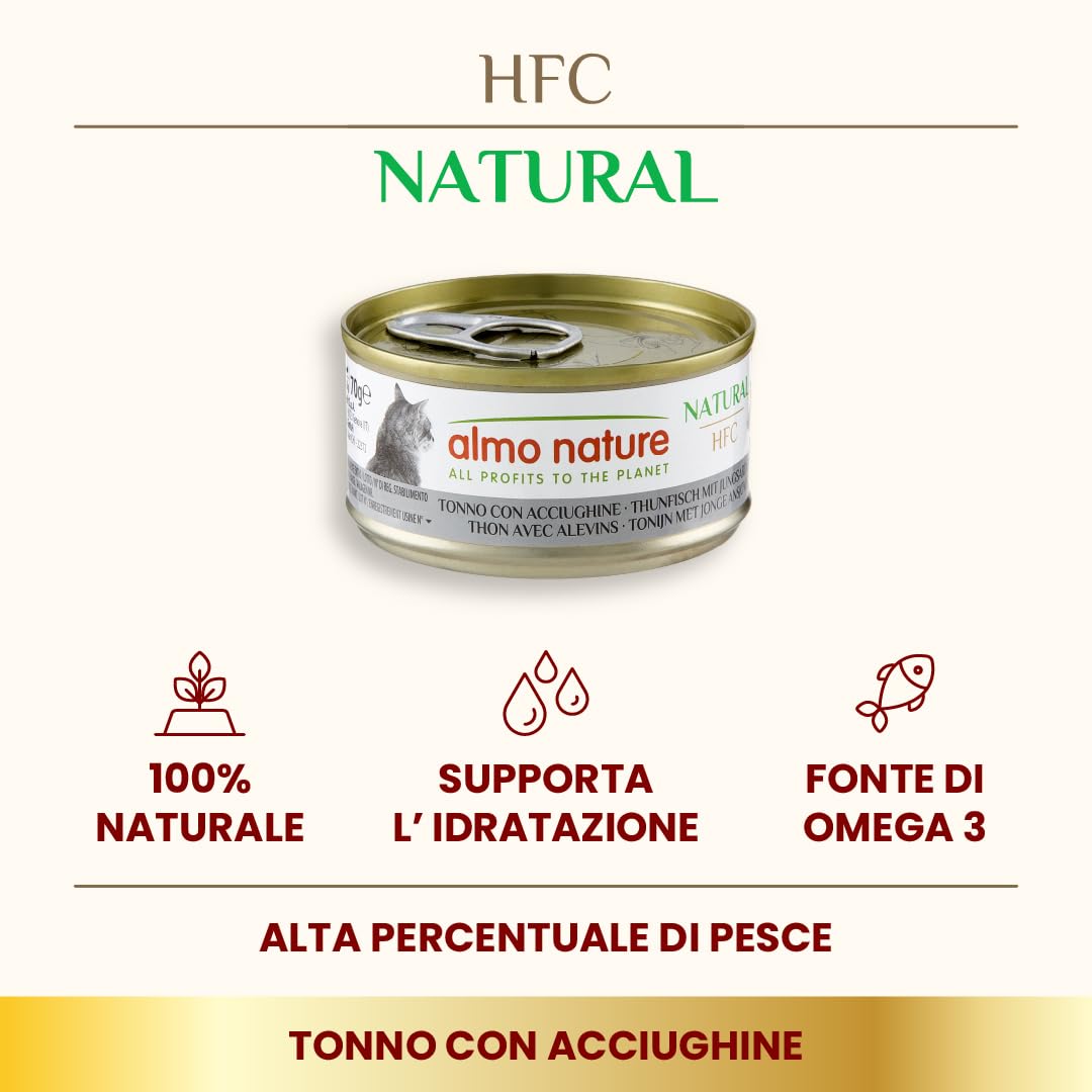 Almo Nature HFC Natural Alimento Umido per Gatti - Tonno con Acciughine - Confezione da 420 g (6 x 70 g)