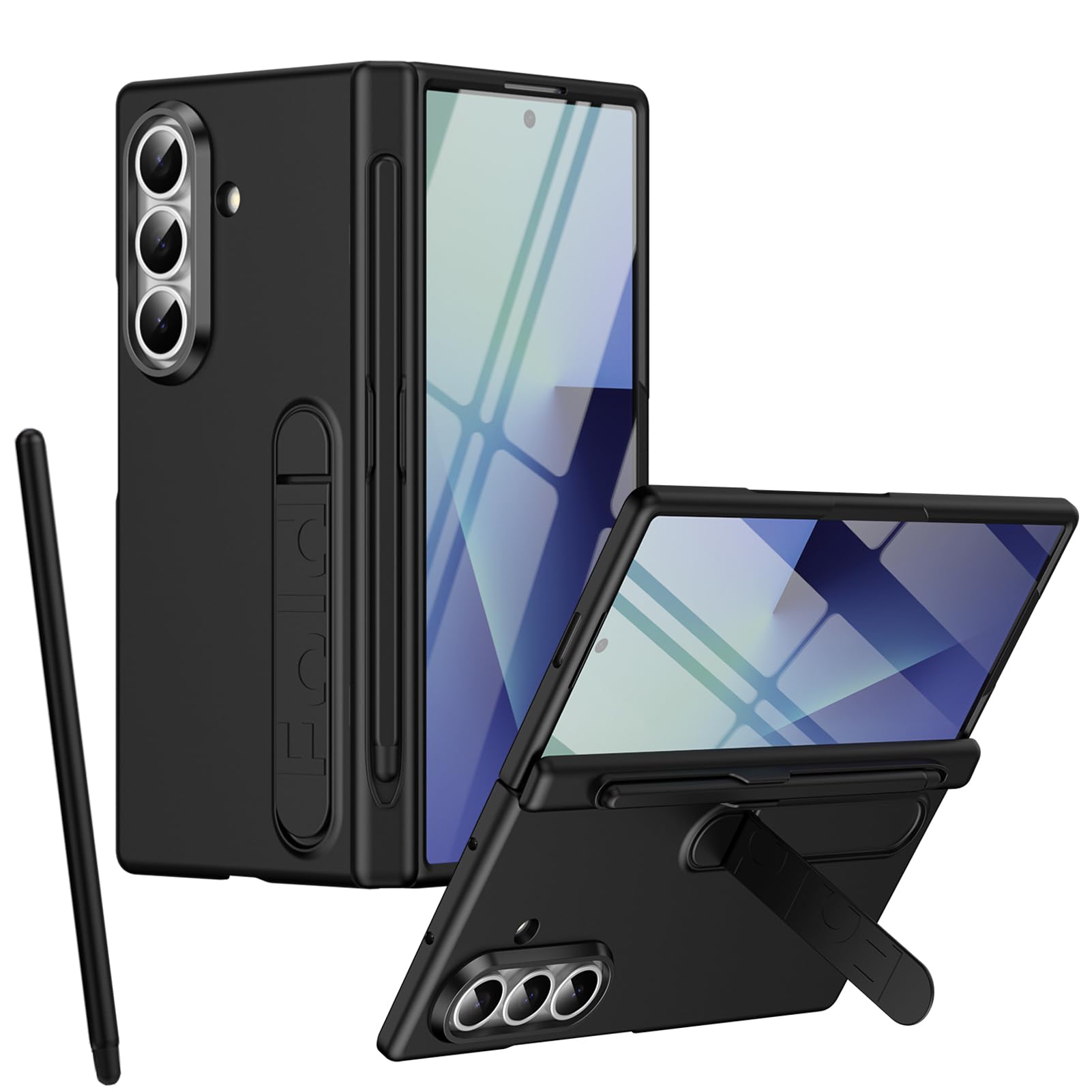 Custodia con supporto per Samsung Z Fold 7, Pellicola protettiva, Protezione Cerniera, Portapenne, Cover con pieghevole supporto per Samsung Galaxy Z Fold7 e penna stilo-Nero