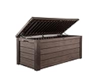 Keter Westwood 150 Gallon Deck Box Organizer, Doubles as 2-Person Bench Seat, Brown – Large Resin Outdoor Storage and Seating with Lockable Lid for Garden, Pool, and Patio