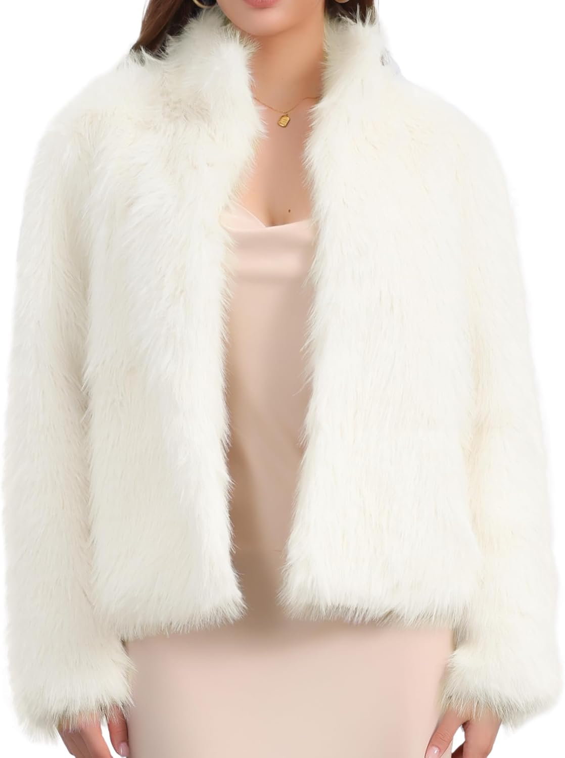 Seta T Women's Faux Fur Coat Long Sleeve Cropped Jacket Open Front Shaggy Winter Outerwear Trendy Clothes with Pockets