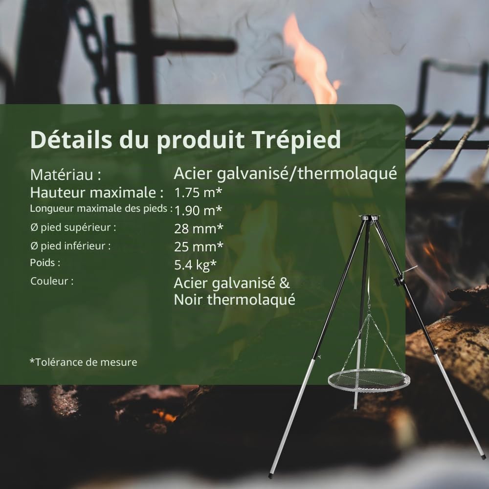 HeRo24 Barbecue pivotant à trois pieds, 170 cm, avec manivelle, trépied de barbecue réglable en hauteur, pour foyer et feu de camp, sans grille de cuisson