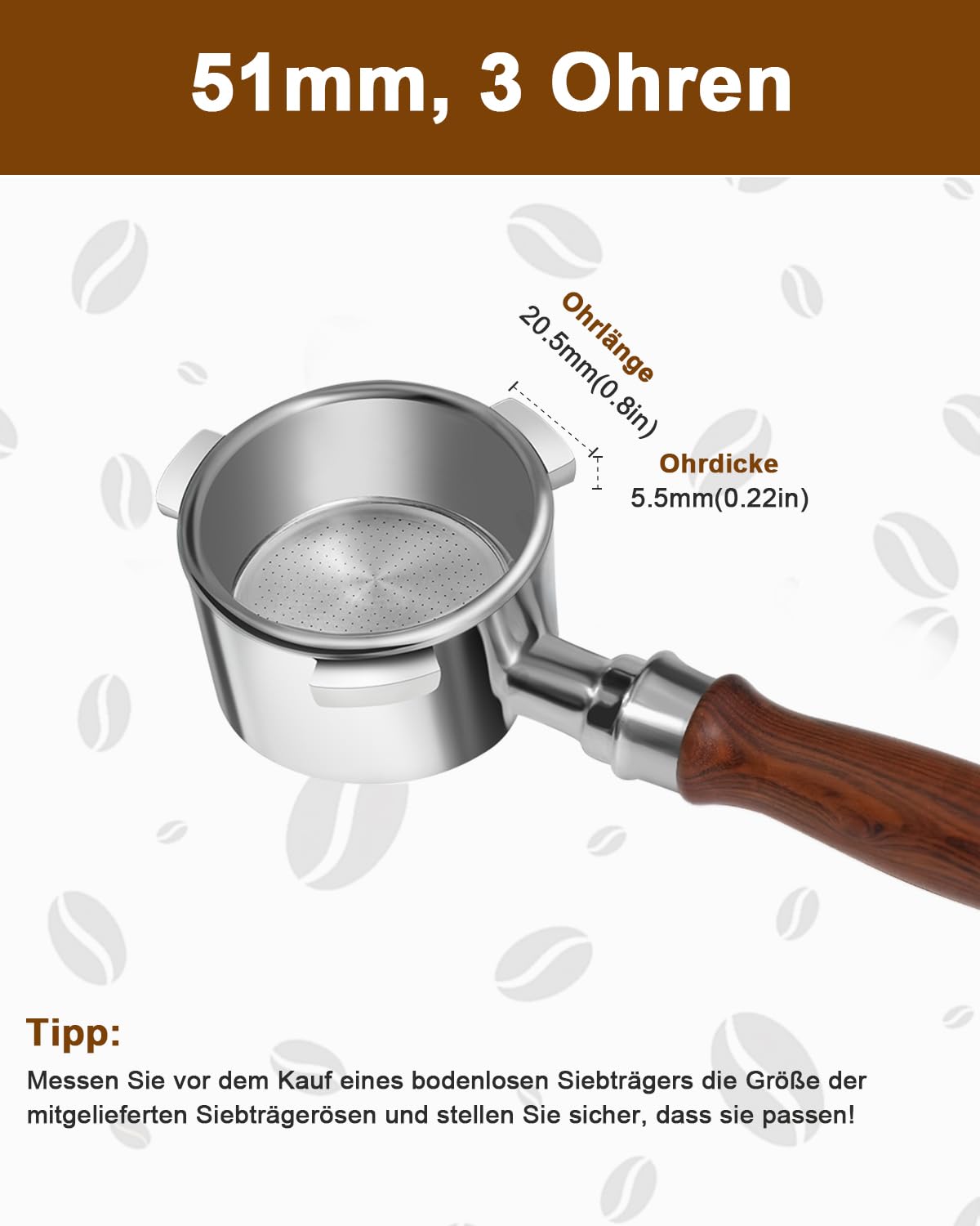 KOFIKOFI Portafiltro senza fondo da 51 mm, 3 Ears Bottomless compatibile con DeLonghi Dedica EC680/EC685, Smeg, EUPA, portafiltro in acciaio inox con filtro per puck, cestello per filtri, manico in