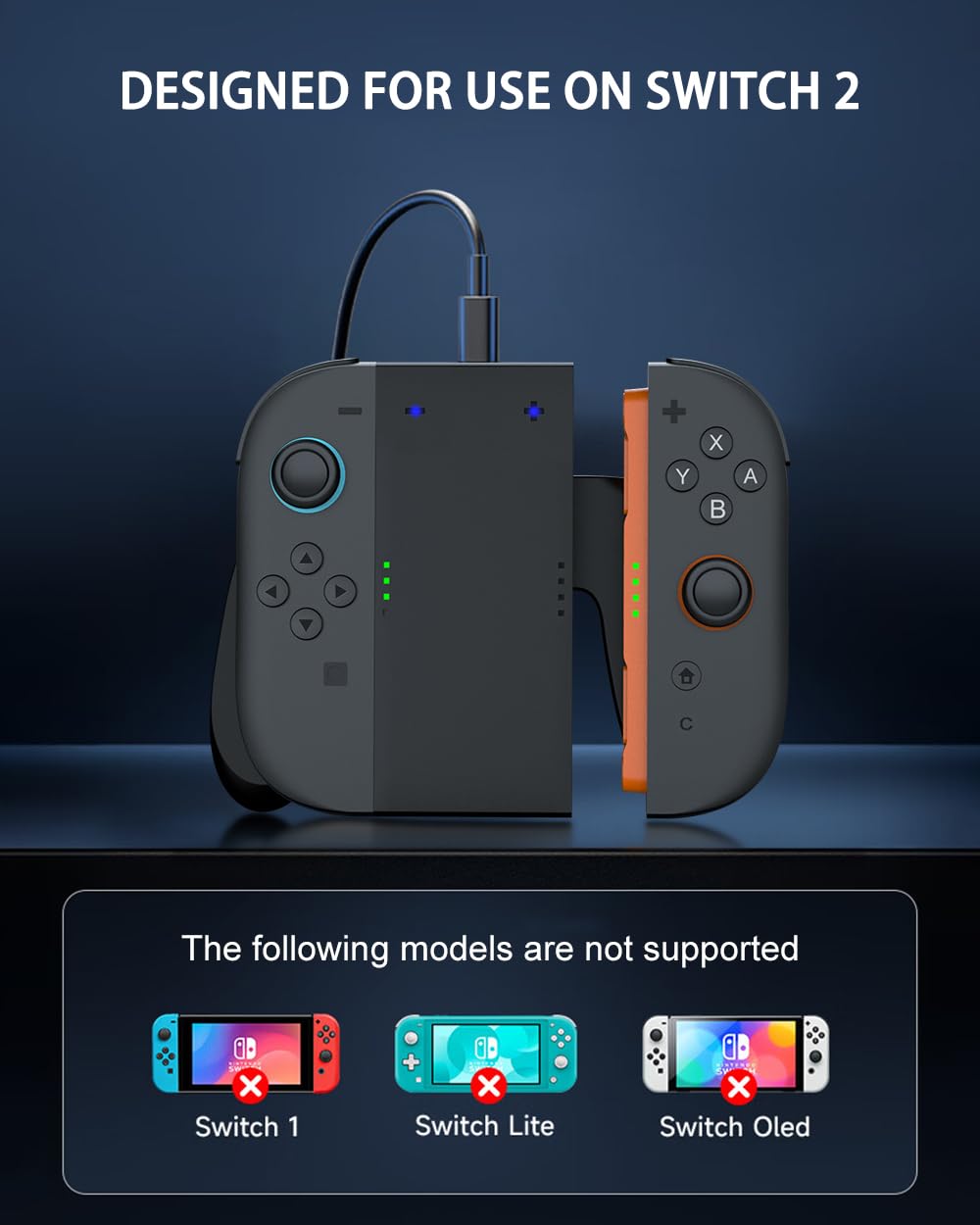 Charging Grip for Nintendo Switch 2, for Joy-Con 2 Grip Controller for Joy Con Handle holder with battery USB C Charging Cable, Switch 2 Accessories, Indicator Lights, Ergonomic Portable Travel