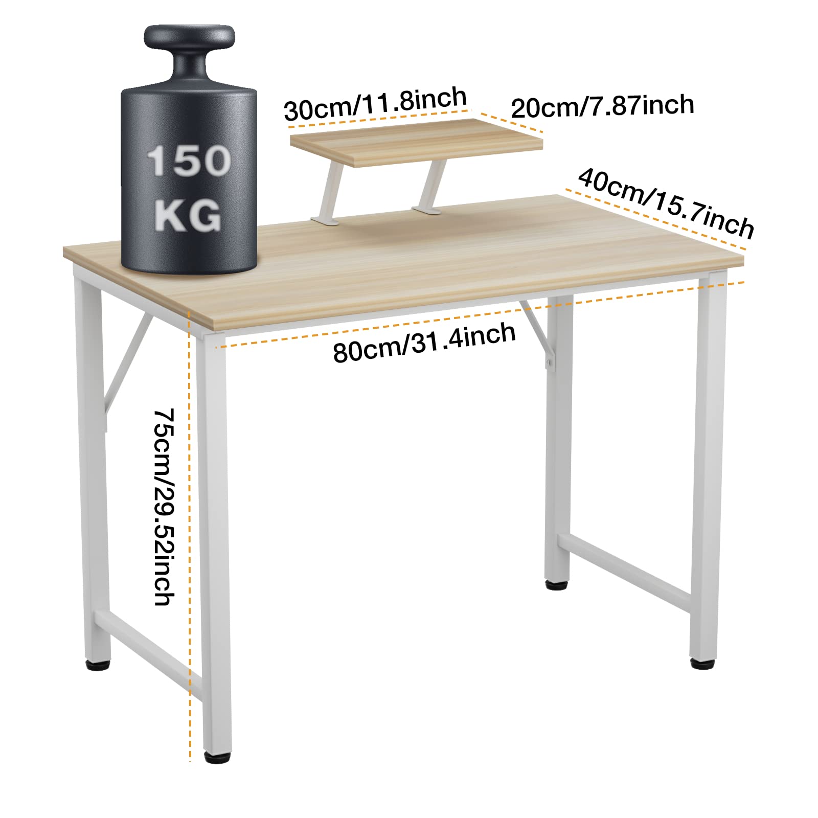 PIPIPOXER Bureau d'Ordinateur 80x40x75cm, Table de Bureau avec Support d'Écran PC Gaming Table, Bureau d'Écriture, Cadre en Métal, pour Étudier, Jouer, Travailler, Chambre, Imperméable, Bois