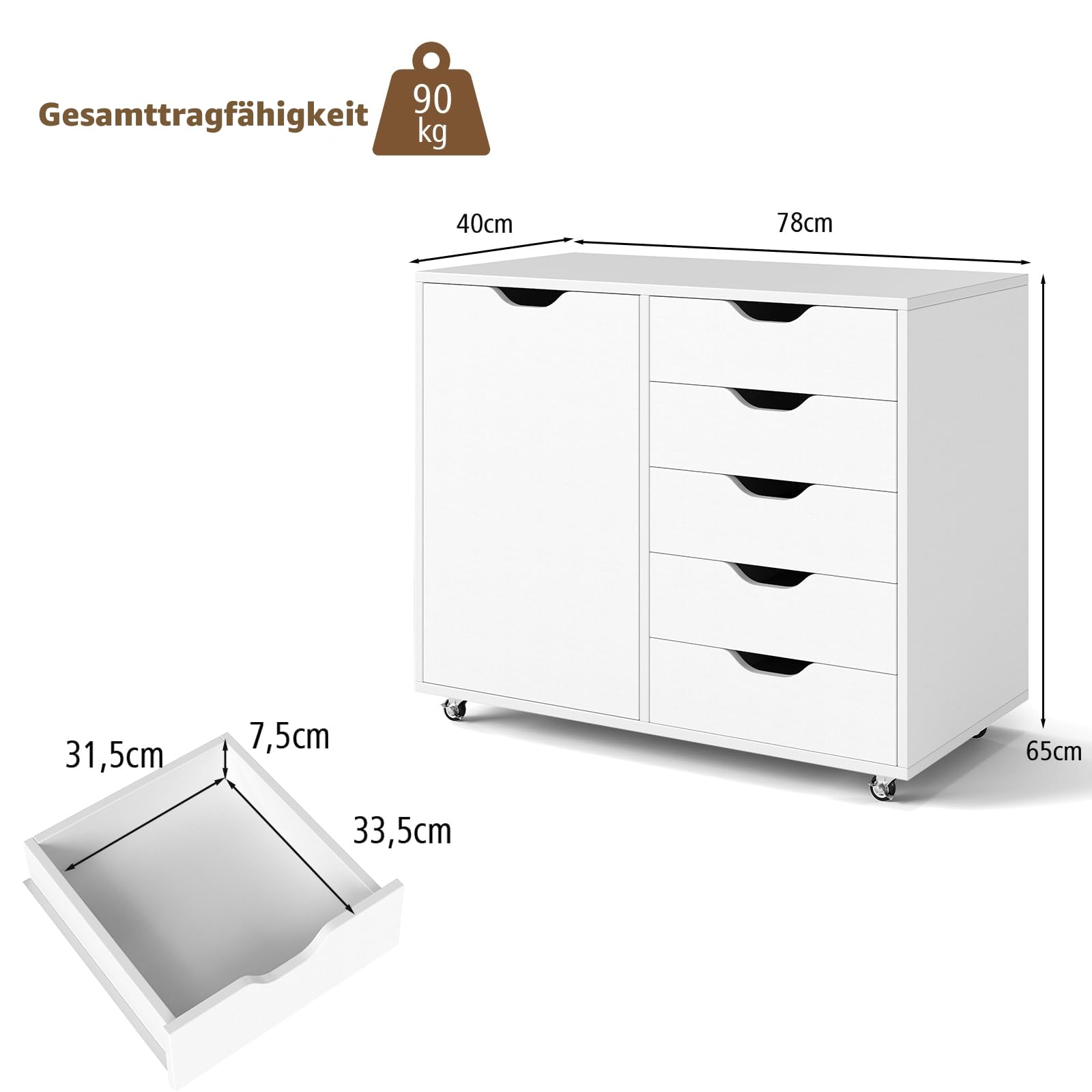 KOMFOTTEU Aktenschrank mit Rollen, Rollcontainer mit 5 Schubladen, Schubladenschrank Bürocontainer Druckertisch Holz, Bürowagen Bürocontainer weiß, 79x39x65 cm (Weiß)