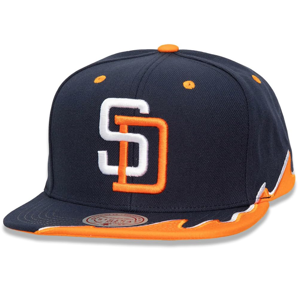 Mitchell & Ness SD San Diego Padres Cooperstown Rising Tide OG Snapback Cap, Adjustable Hat Navy Orange