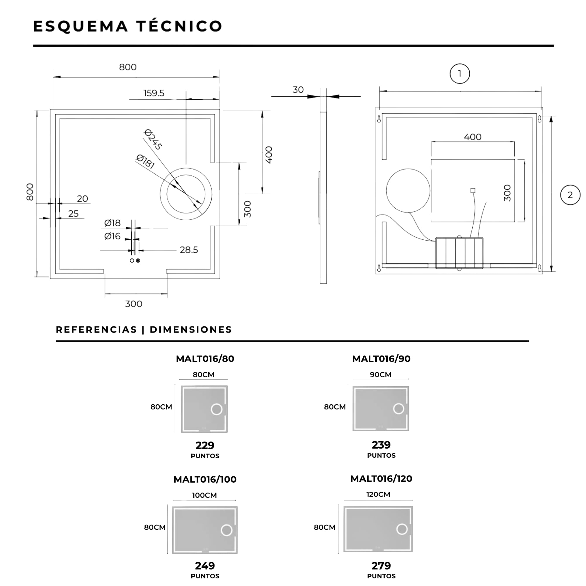 NOLUXA LEDIMEX - Espejo Baño 90x80cm con Luz LED, Antivaho y x3 de Aumento | Espejo Inteligente con Luz Frontal Tri-LED (Cálida, Neutra y Fría), Regulador de Intensidad y Sensor ON/Off | Serie Malta