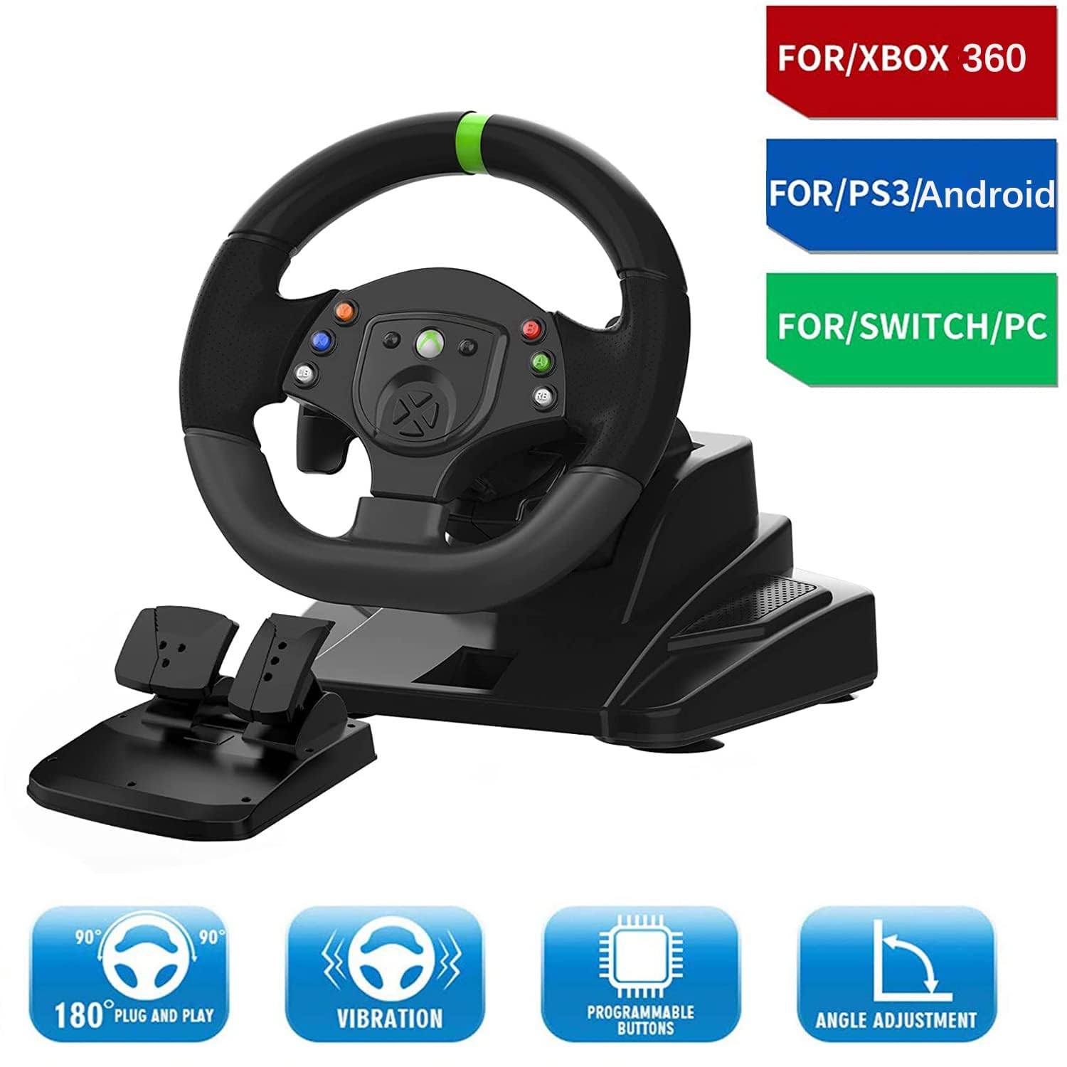 DOYO XBOX 360 Gaming Lenkrad mit Pedalen-180°,Vibrationsfeedback, Integrierter Schalthebel,Höhen-und Neigungsverstellbar,Paddle Schaltung-Lenkrad für XBOX 360,PC,PS3,Switch,Android