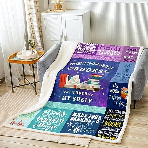 Homemissing Book Lovers Gifts Sherpa Blanket Gifts for Book Lovers Fleece Throw Blanket for Kids Boys Book Accessories Plush Blanket Plaid Purple Fuzzy Blanket Bedroom 40x50 Inch