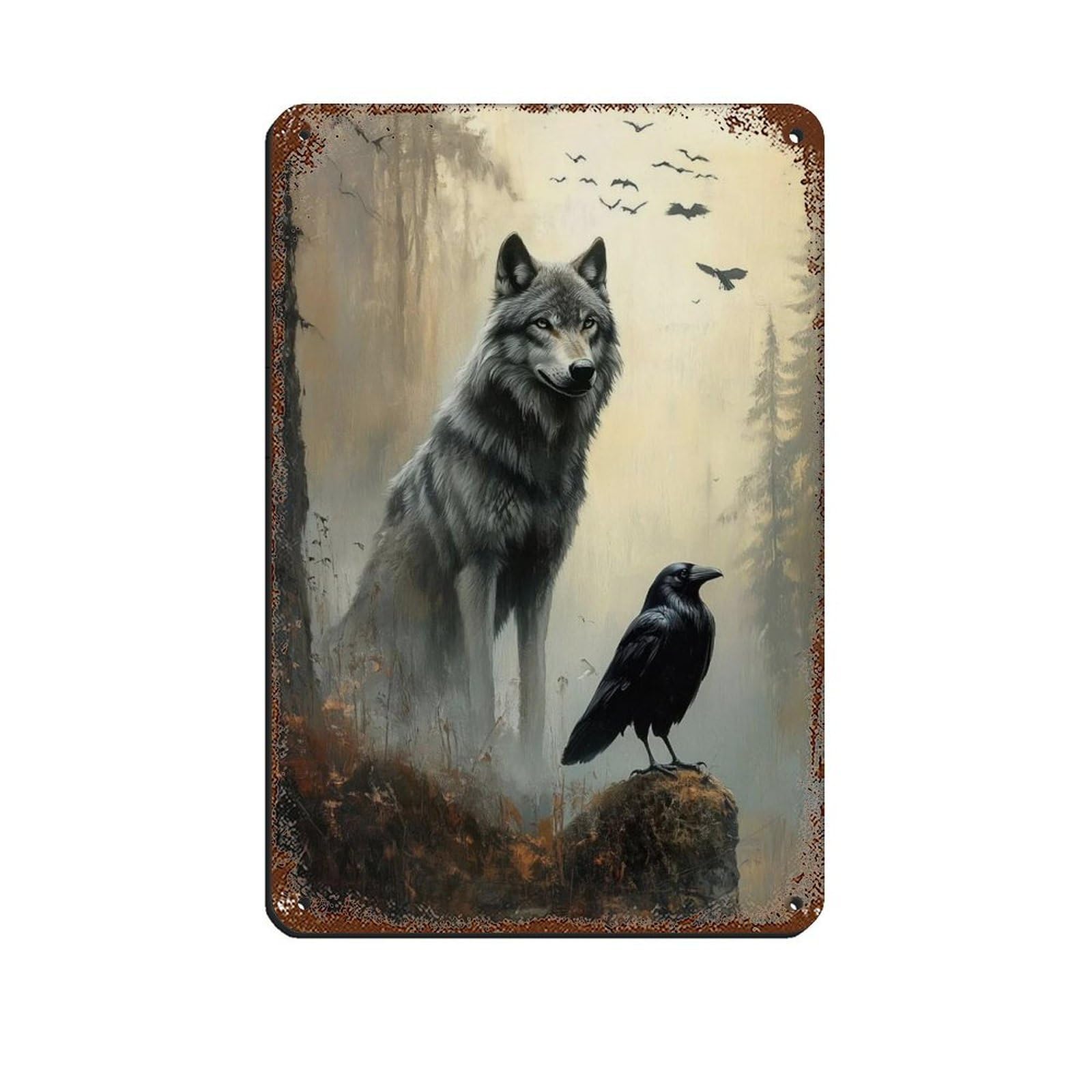 Wolf And Raven Art, Dark Gothic Fantasy (2) Tin Sign Vintage Metal Pub Club Cafe Bar Home Wall Art Decoration Poster Retro 8x12inch(20x30cm)