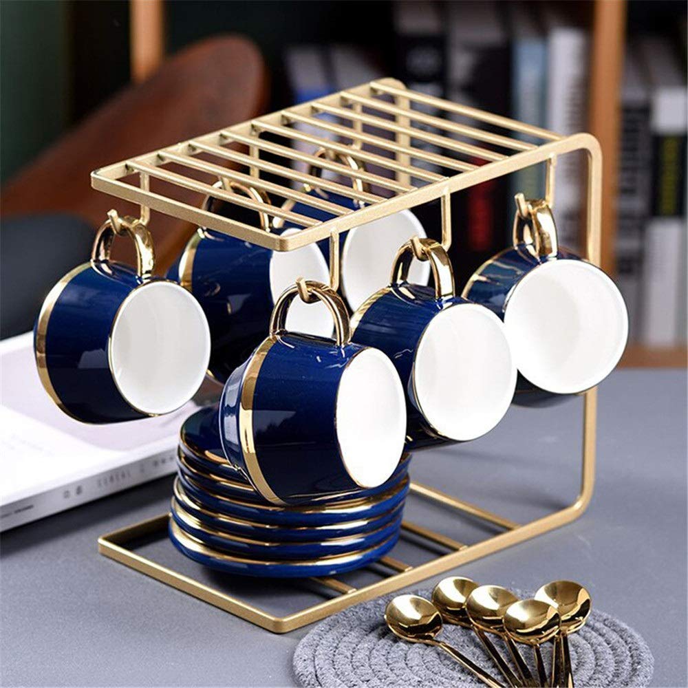 IXOAKQ Afternoon Tea Sets, 13 Pieces Gold Trim Nordic Style for Party and Dinner Glazed Porcelain Coffee and Tea Service with 6 Piece Cups and Bracket (Blue)