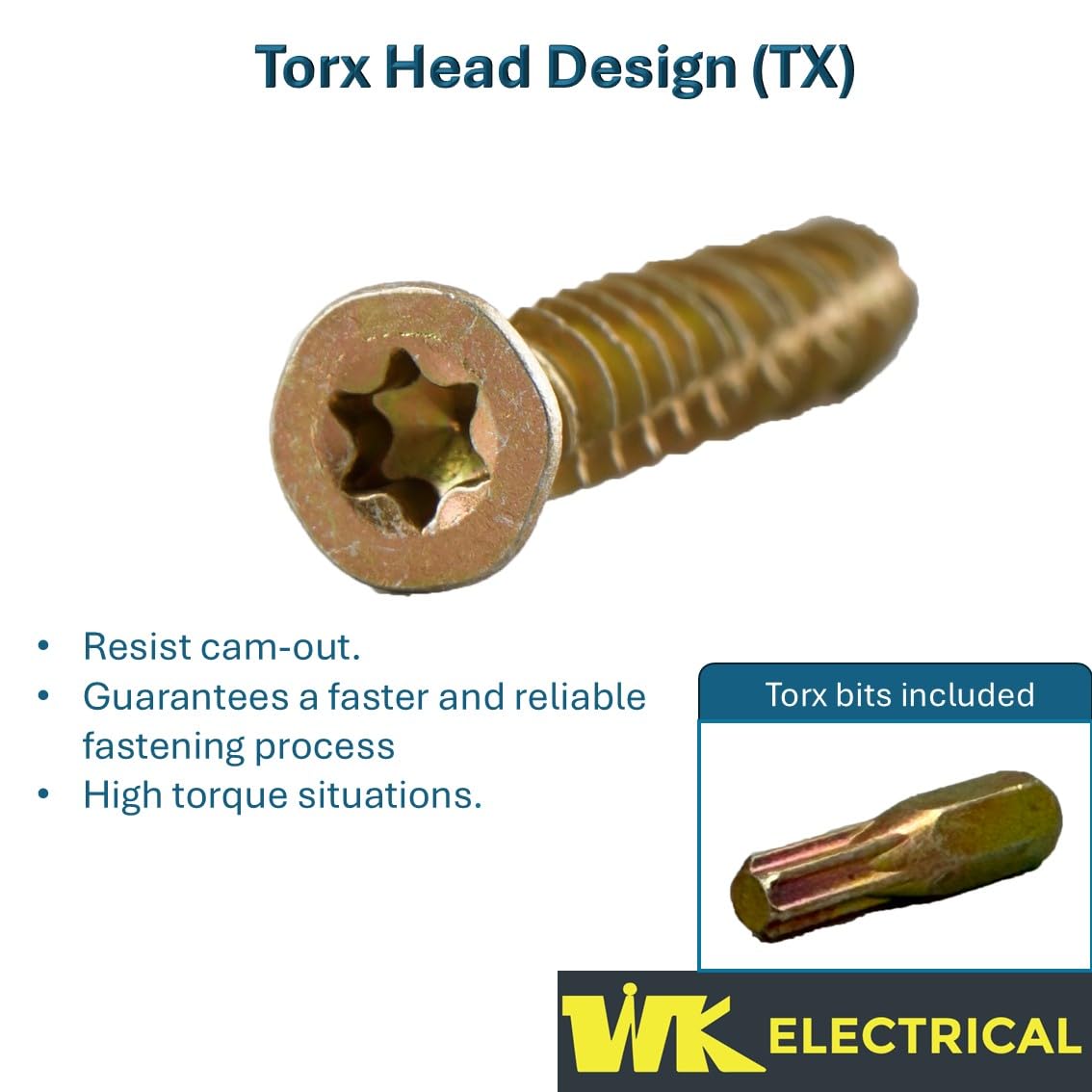 WK Electrical, Concrete Screws with Torx Bits, Zinc-Plated Countersunk Masonry Screws for Brick & Concrete - Image 3