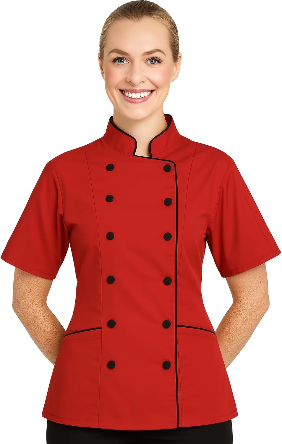 Women’s Short Sleeve Chef Coat – Double-Breasted Kitchen Uniform with Black Trim & Modern Fit
