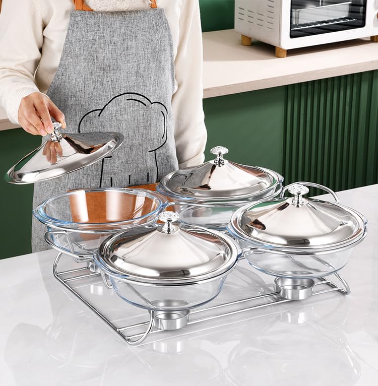 HONHPD Chafing Dish Buffet Set 4 Section 2.0 QT Each | Food Warmers for Parties Buffet, Oven Safe Glass Serving Dish with Stainless Steel Base and Cover