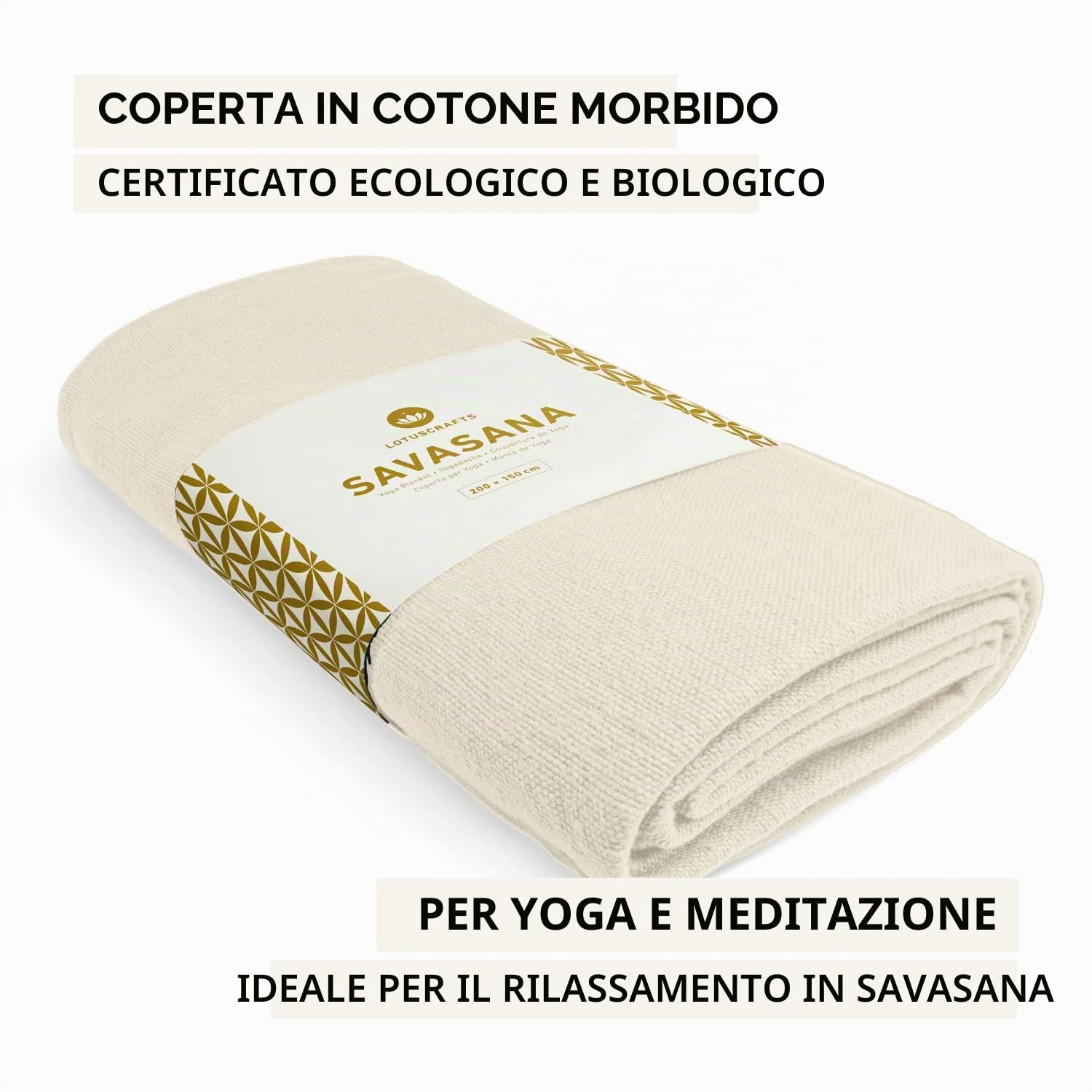 LOTUSCRAFTS Coperta yoga in cotone biologico, resistente e durevole, coperta da meditazione, coperta yoga, 200 x 150 cm