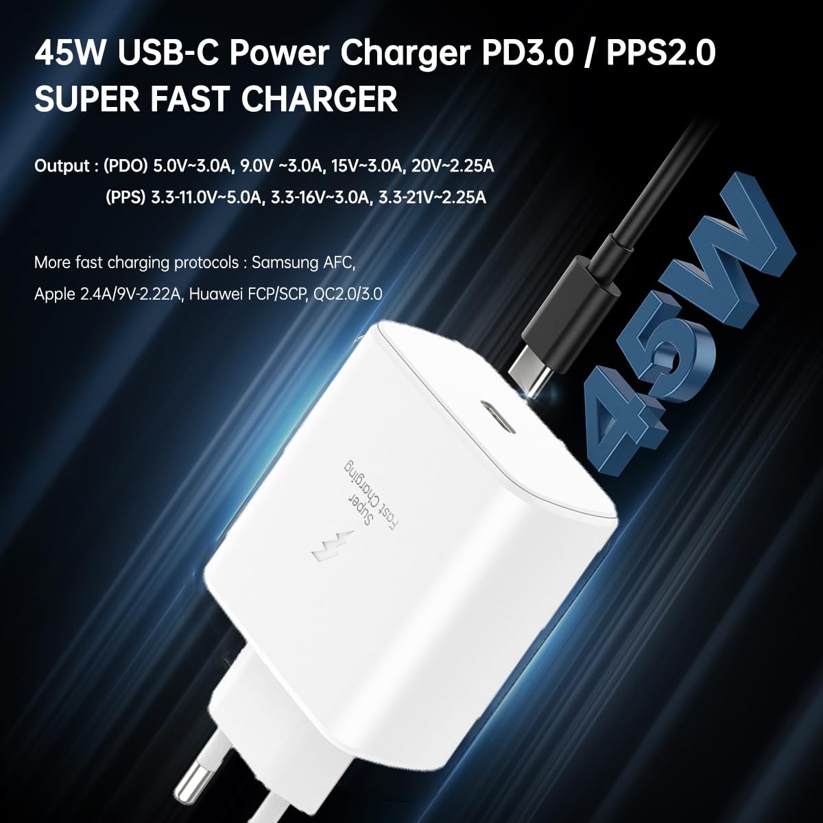 Caricatore europeo super veloce 45W per Samsung Galaxy S25 S24 S23 S22 S21 Ultra Plus MacBook iPad Air Pro EU USB tipo C caricatore da parete PD PPS Italia Francia Israele Euro Essentials