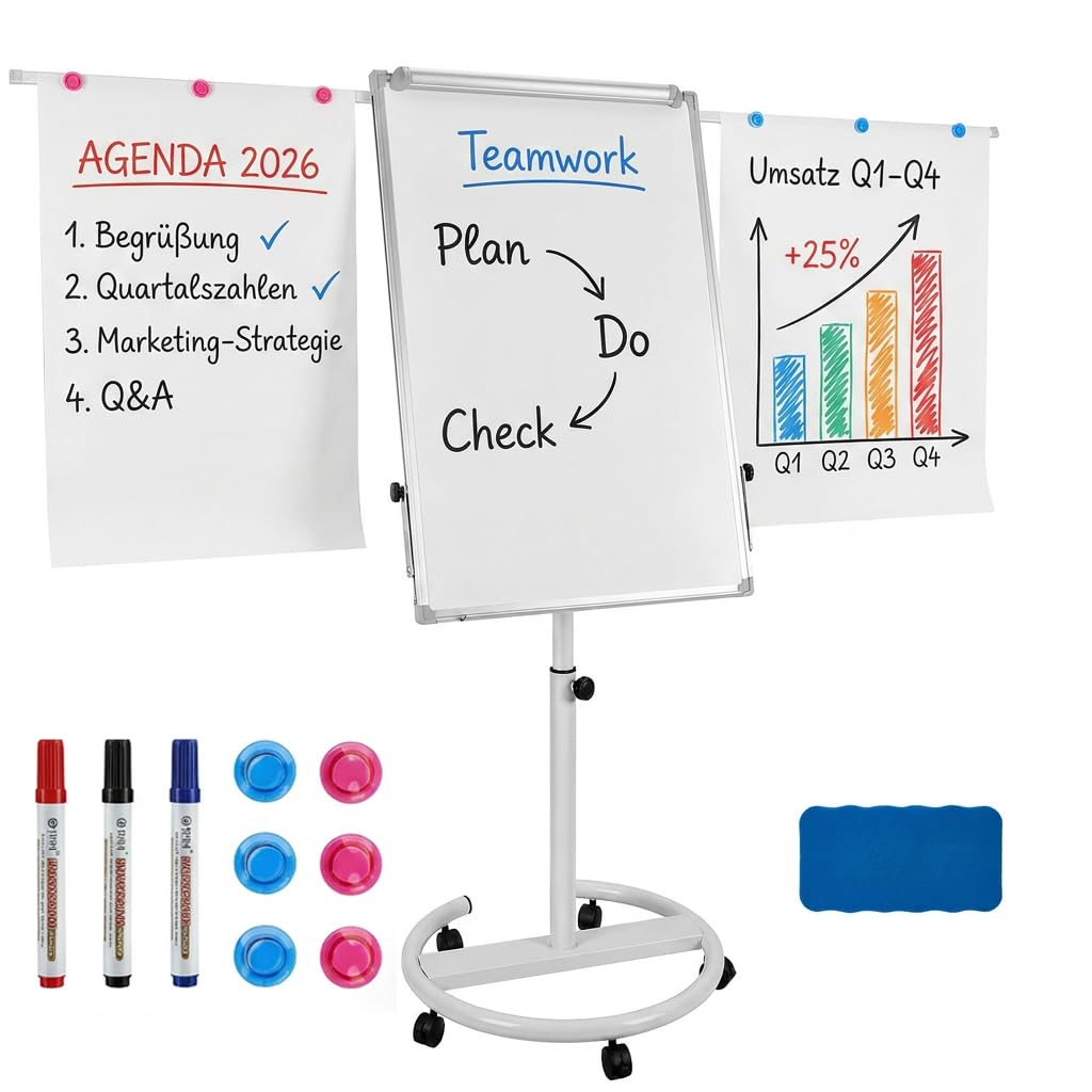 Magnetisches Mobiles Whiteboard & Flipchart Ständer 70x100 cm, Höhenverstellbar 157-195cm, fahrbare Moderationstafel mit 5 Rollen & Papierklammer, für Büro, Schule & Home Office (Weiß mit Schiebeclip)