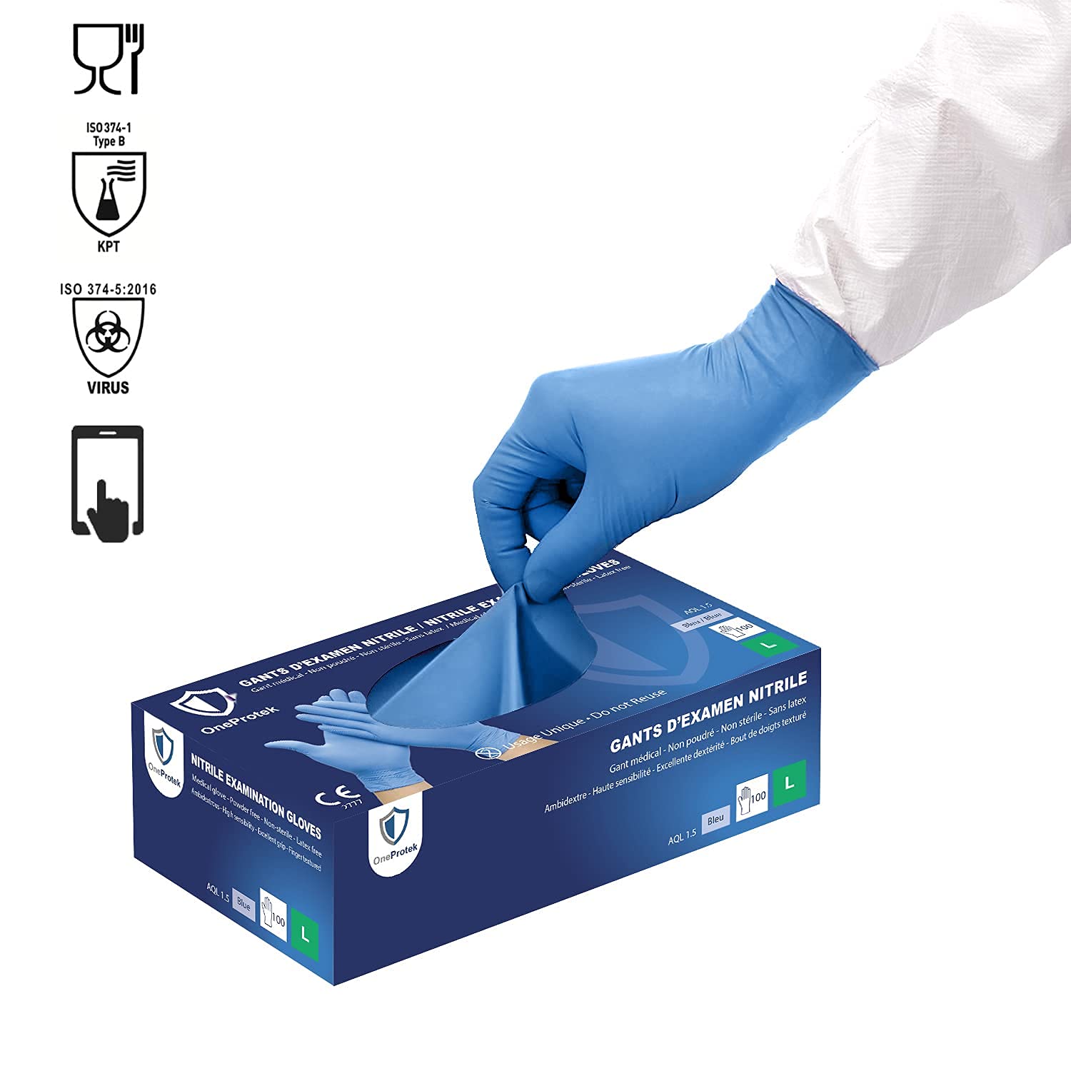 100 PCS/Caja Guantes nitrilo desechables - Talla L - Azul - Sin látex sin polvo - Resistentes y multiusos - Disponible en caja de 1, 2, 4, 10