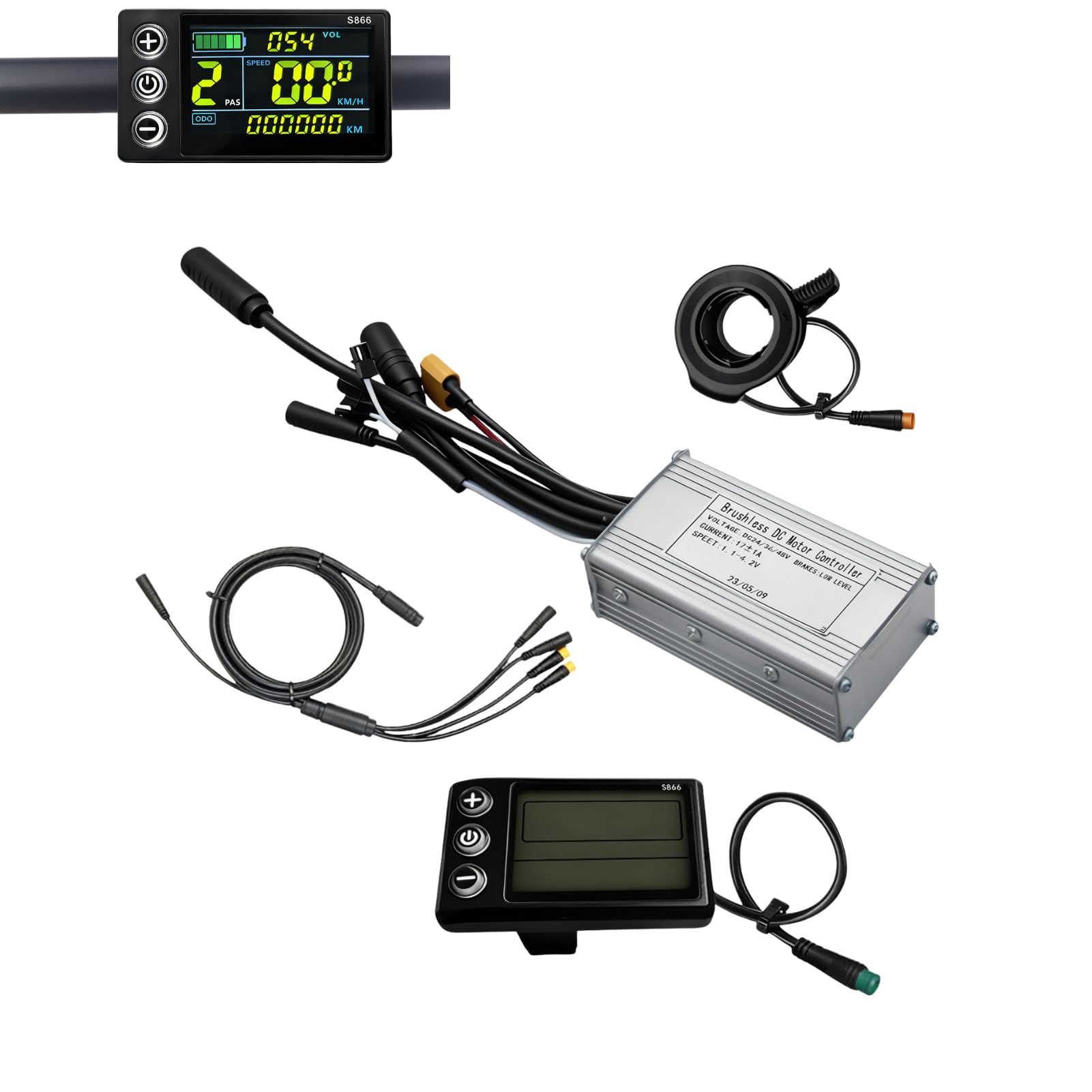 Elektroroller Brushless Controller Kit, 24V/36V/48V 250W 17A 3 Modus Sinuswelle E Scooter Controller mit S866 Farbdisplay Instrumententafel, Geschwindigkeitsreglerhebel, 1-zu-5-Kabel