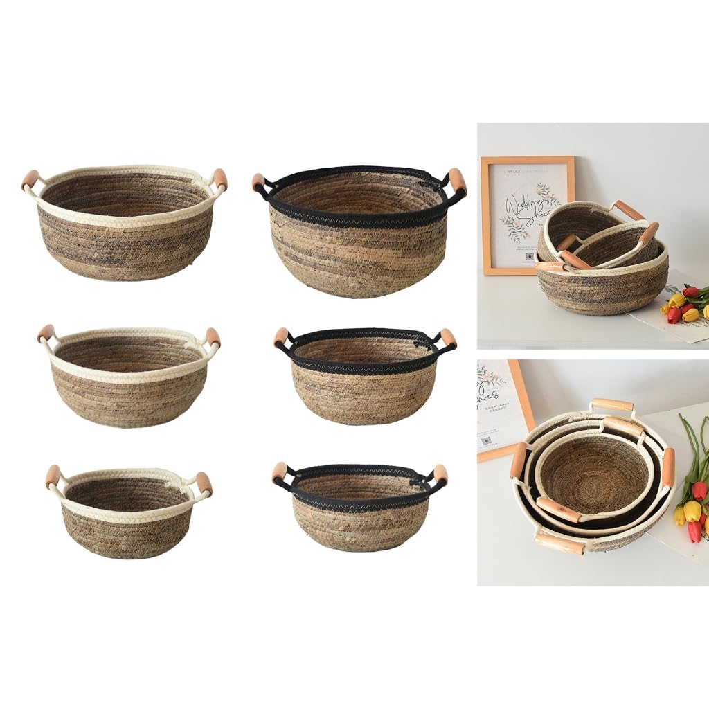 Natural Woven Banana Rope Basket Living Room Storage Solution Snacks Toy Organiser with Wood Handle for Home Use