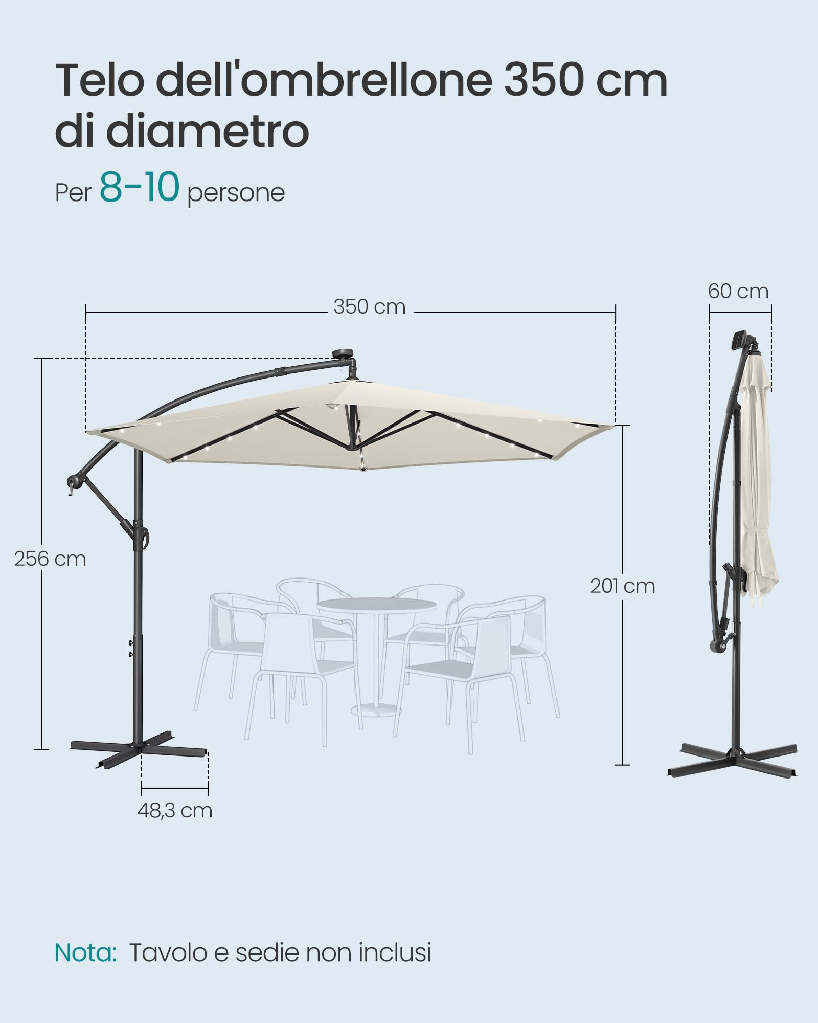 SONGMICS Ombrellone da Balcone con Illuminazione LED Solare, 32 Luci LED, con Base, Parasole UPF 50+, con Manovella, per Terrazza, Giardino