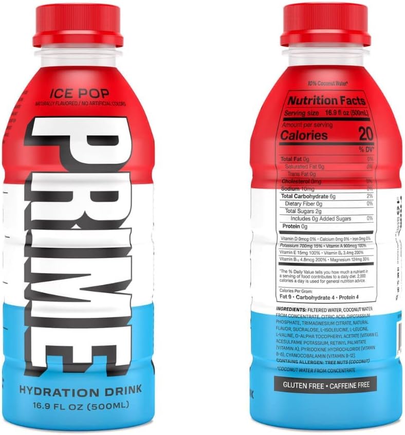 Prime Hydration Sports Drink and Electrolyte Beverage - 3 Pack (Ice Pop)  Prime Hydration Drink Sports Beverage "BLUE RASPBERRY," Naturally Flavored, 10% Coconut Water, 250mg BCAAs, B Vitamins, Antioxidants, 835mg Electrolytes, 25 Calories per 16.9 Fl Oz Bottle (Pack of 12)  Prime Hydration Drink Sports Beverage "LEMON LIME," Naturally Flavored, 10% Coconut Water, 250mg BCAAs, B Vitamins, Antioxidants, 835mg Electrolytes, 20 Calories per 16.9 Fl Oz Bottle (Pack of 12)  Prime Hydration Drink Sports Beverage "ICE POP," Naturally Flavored, 10% Coconut Water, 250mg BCAAs, B Vitamins, Antioxidants, 834mg Electrolytes, Only 20 Calories per 16.9 Fl Oz Bottle (Pack of 12)  Prime Hydration Drink Sports Beverage "GRAPE," Naturally Flavored, 10% Coconut Water, 250mg BCAAs, B Vitamins, Antioxidants, 835mg Electrolytes, Only 25 Calories per 16.9 Fl Oz Bottle (Pack of 12)